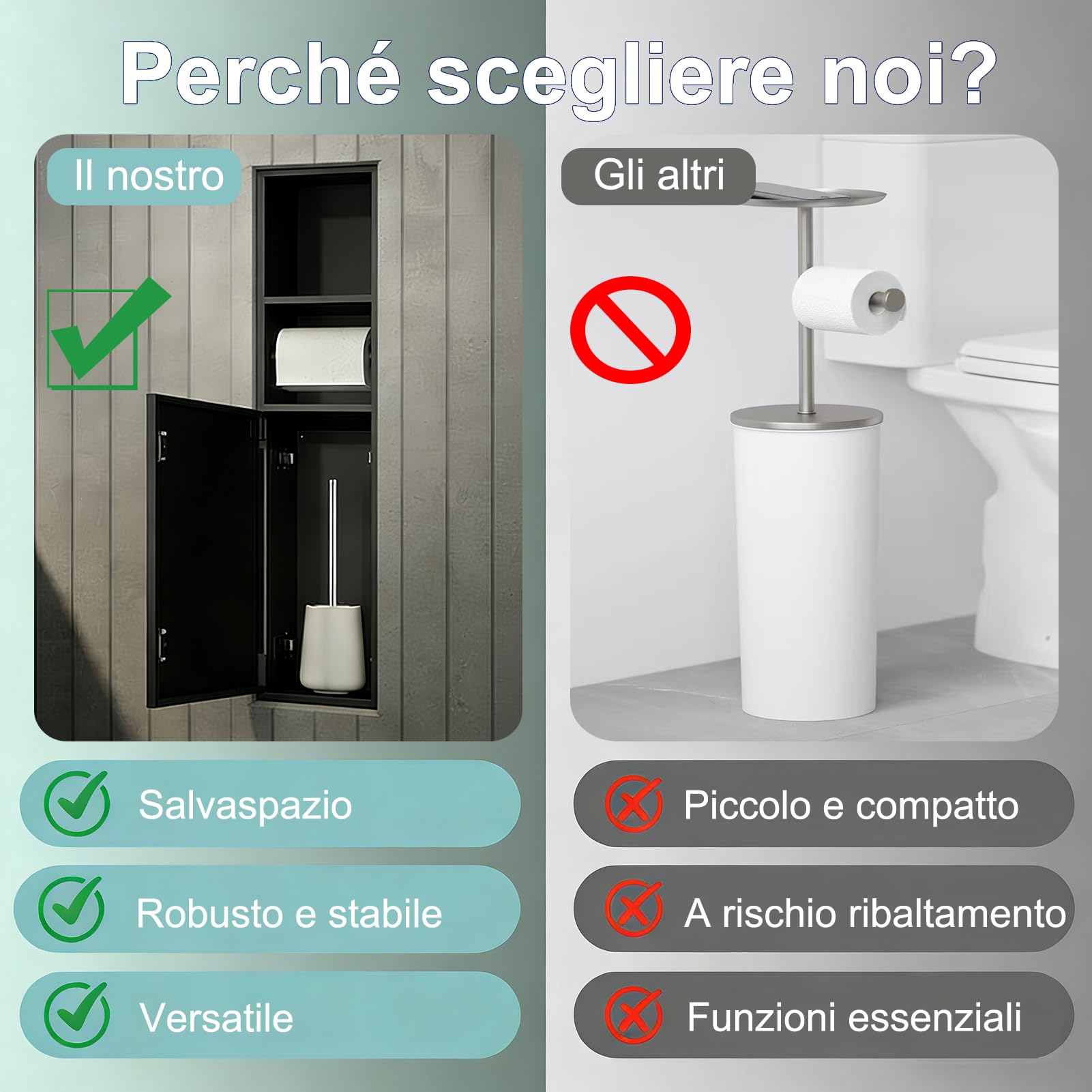 HJZALMI Portarotolo per carta igienica, da incasso, 80 x 18 x 12,5 cm | in acciaio inox 304, con scomparto extra, push-to-open, nero