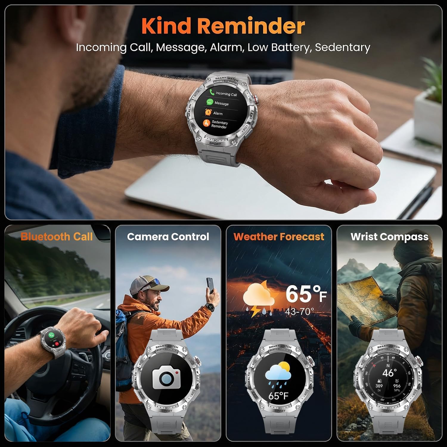 Military Smart Watch for Men with Built-in GPS,115 Sport Mode Fitness Tracker，24/7 Heart Rate Sleep Monitor，Answer/Make Calls/60 Days Battery,3ATM Waterproof Smartwatch for Android iPhone,Silver