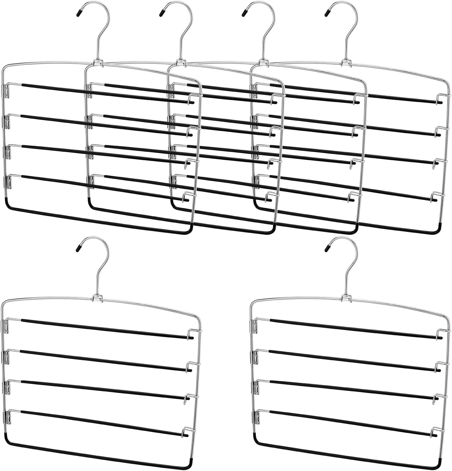 JAPCHET 6 Pack Non Slip Space Saving Pants Hangers - 5 Layers Stainless Steel Swing Arm Clothing Hangers Closet Organizer for Scarfs, Trousers, Ties, Black