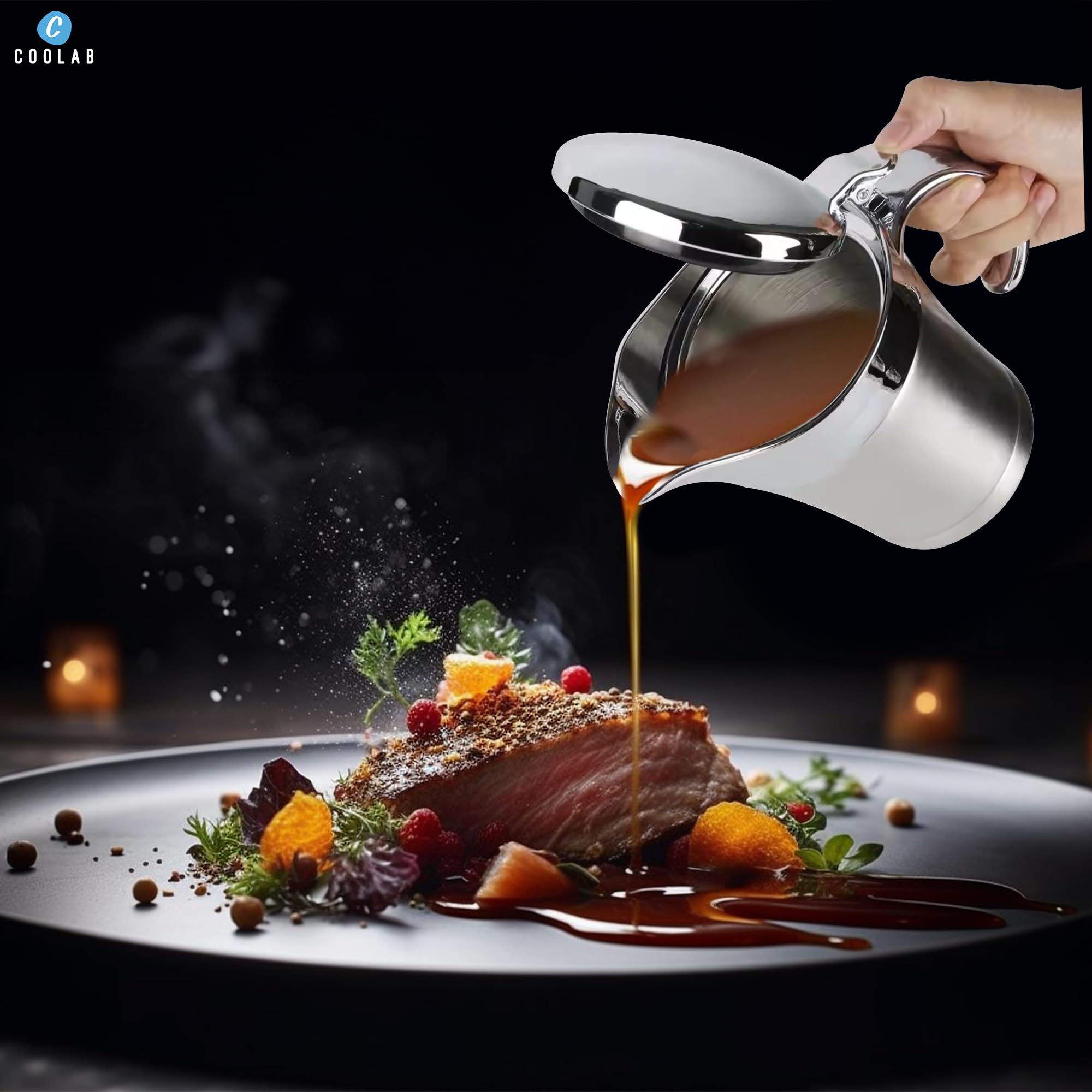 COOLAB 450ML Stainless Steel Gravy Boat with Lid – Double Insulated Gravy Pitcher for Hot & Cold Sauces – Elegant Sauce Boat Small Gravy Server for Steak, Turkey, and Holiday Dinners