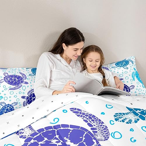 Miniatura 4 de Erosebridal Juego de edredón de plumas de tortuga marina tamaño matrimonial, juego de edredón bohemio de tortuga para niños, vida oceánica, azul
