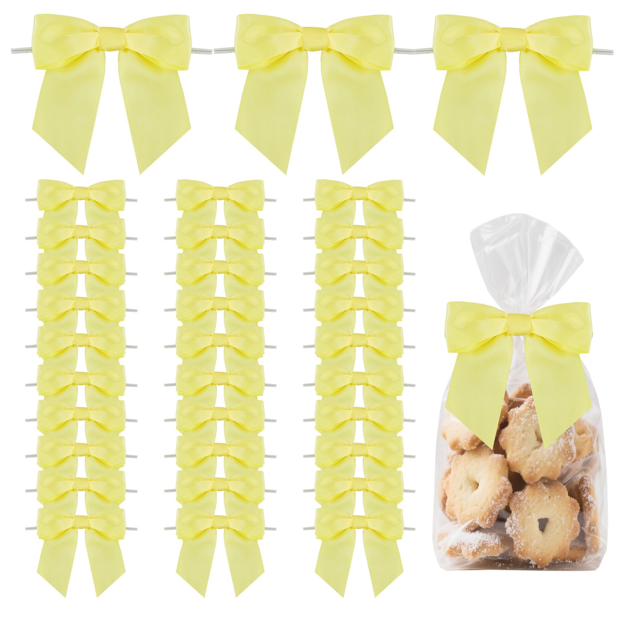 TONIFUL 50pcs Yellow Satin Ribbon Bows with Twist Tie, 4.5 Inch Decorative Bows for Gift Wrapping, Treat Bags, Crafts, Bottles, Christmas Tree, Wedding, Baby Shower, Birthday Party Decorations