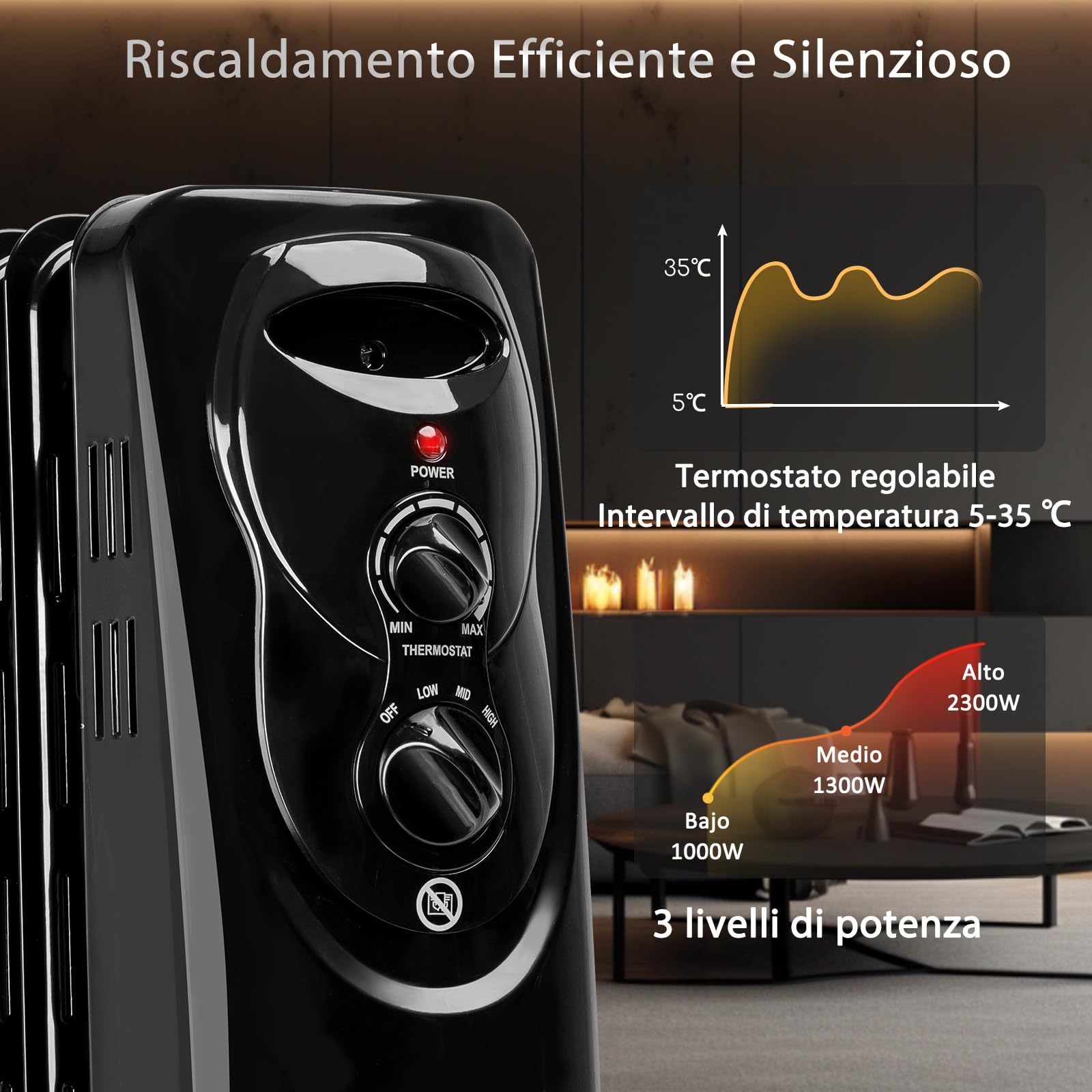 Aigostar Tummie 33JIE - Radiatore ad olio a 11 elementi, 2300W e controllo termostato con 3 regolazione termiche, Basso consumo, Nessun rumore, Design esclusivo