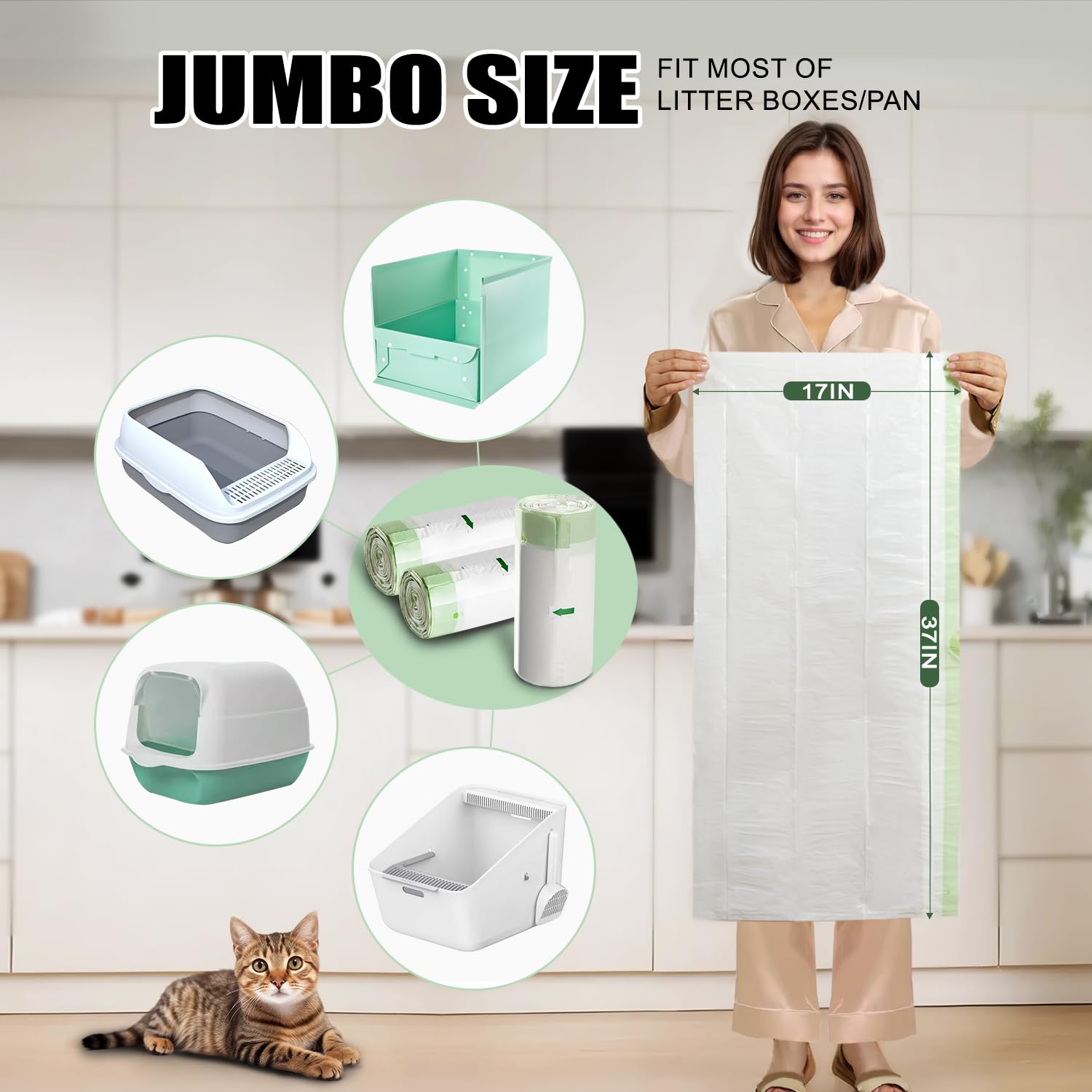 Bolsas de basura para gatos con asas de corbata, grandes, 37 x 17 pulgadas, cordón extra duradero, para caja de arena para gatos, bolsa de arena extragruesa, 36 unidades (paquete de 3)