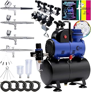 OPHIR 1/5HP 에어브러시 컴프레서, 탱크 3.2L, 0.3/0.8mm 4x 에어브러시, 냉각 팬, 20/40CC 페인트 컵, 에어브러시 홀더, 에어 호스 5개 및 클리닝 도구, 자동 페인팅 전문 에어브러시 키트