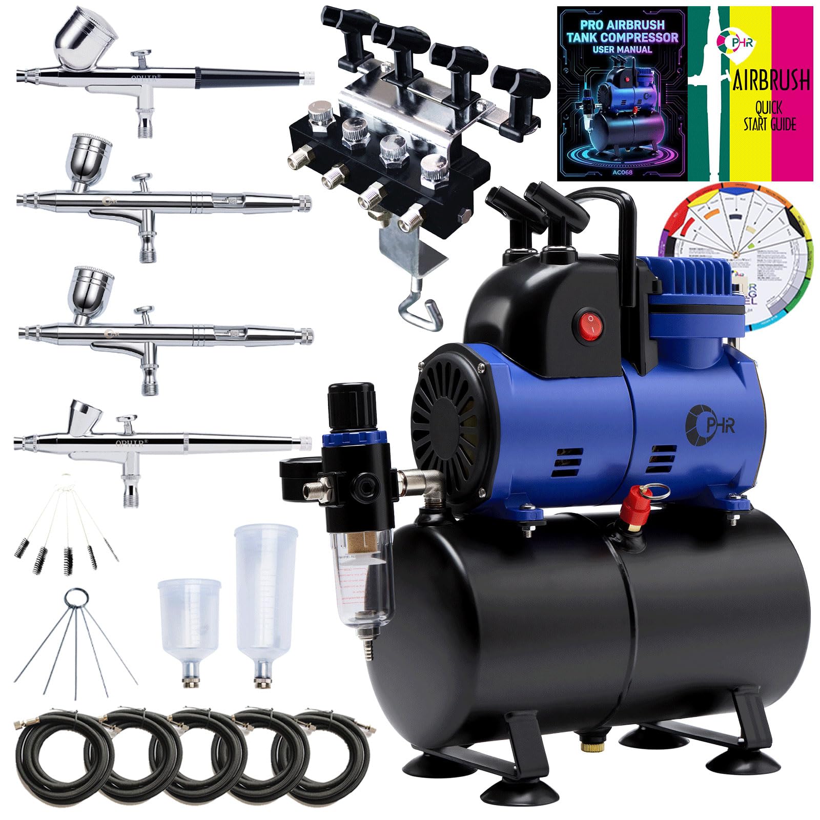 OPHIR Compresor de aerógrafo de 1/5HP con tanque de 3,2 L, 0,3/0,8 mm, 4 aerógrafos, ventilador de refrigeración, tazas de pintura de 20/40 CC, soporte para aerógrafo, 5 mangueras de aire y