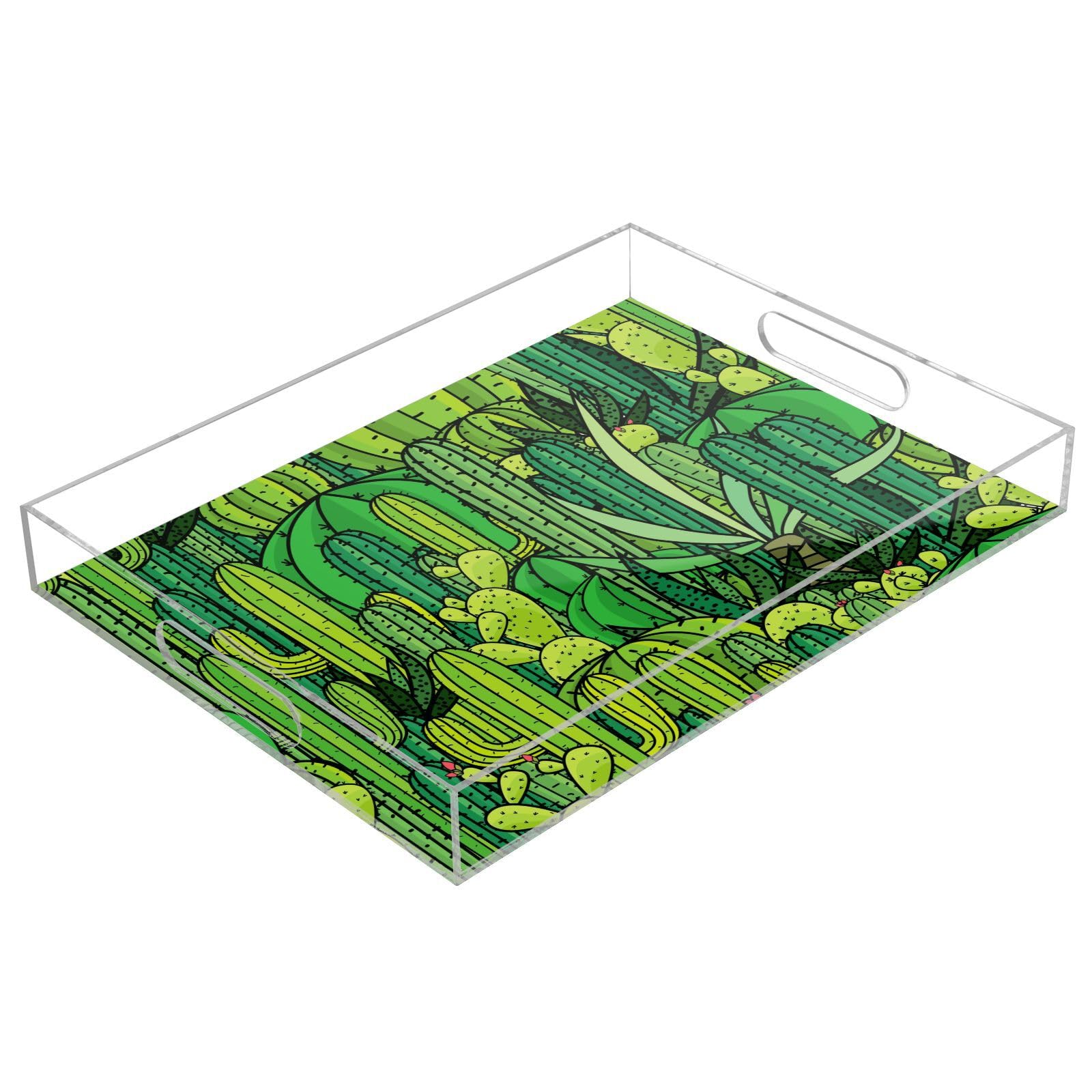 Bandejas acrílicas transparentes personalizadas de plantas de cactus verdes con asas, bandeja acrílica para cama, bandejas acrílicas a prueba de derrames para servir de 12 x 16 pulgadas