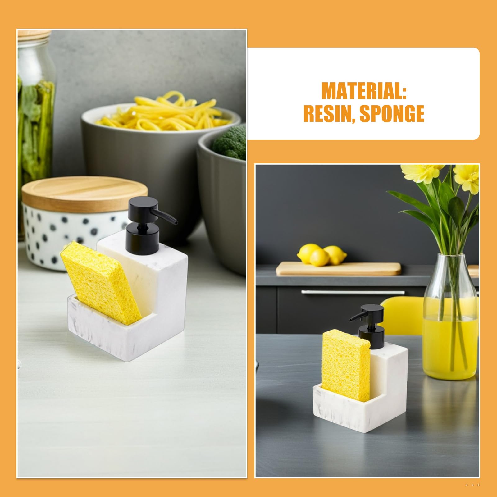 DOITOOL Dispenser di Detersivo per Piatti e Porta Spugna in Resina Effetto Marmo, Set Multifunzionale per Cucina e Bagno, Contenitore Organizzatore per Lavello da Banco, Erogazione