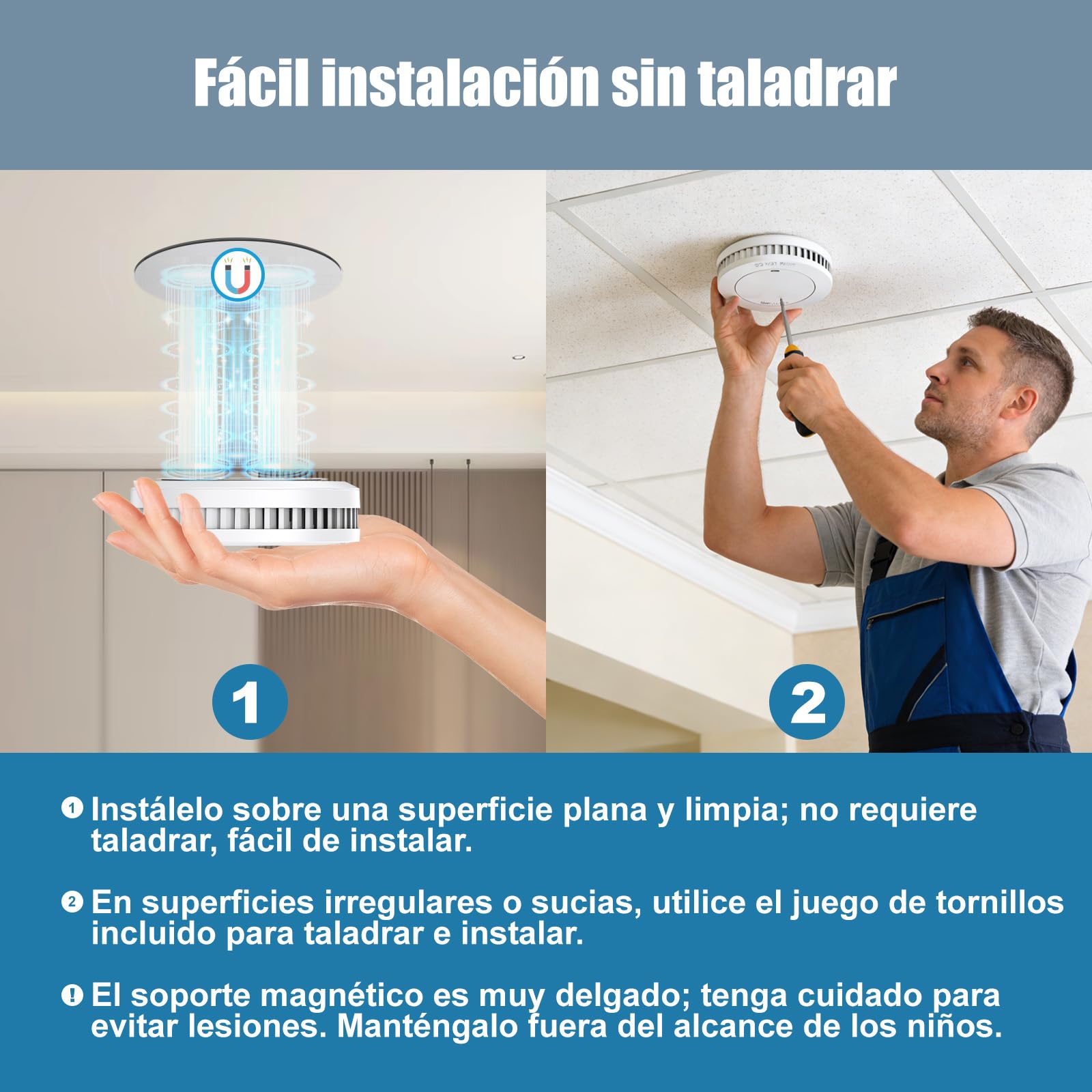 Detector de Humo de 10 años con Soporte magnético, Detector de Incendios sin LED Parpadeante, Alarma Audible de 85 dB, función de Silencio, pequeña Alarma de Incendio Blanco, EN14604