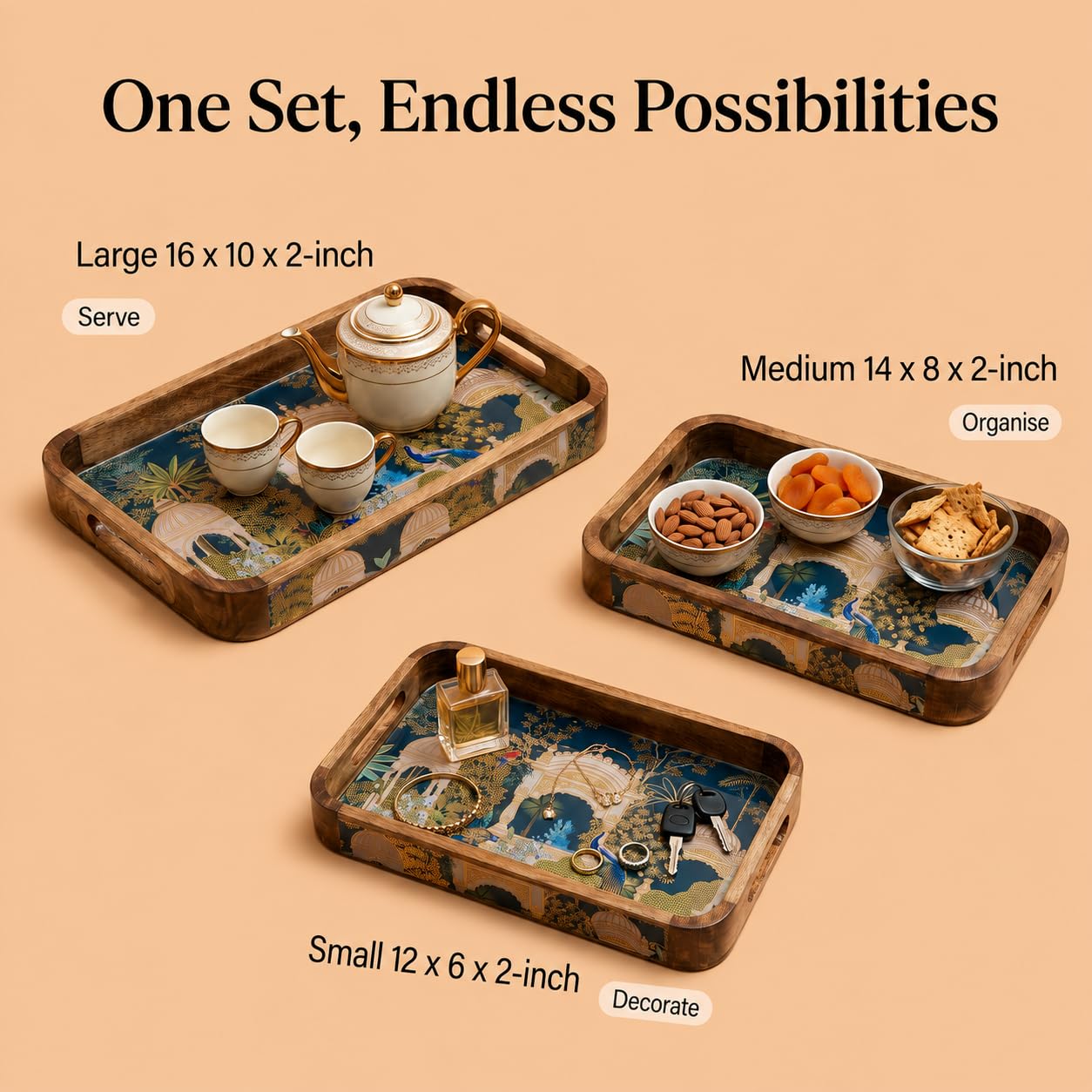 Wooden Serving Tray Set - Gold Engraved Design -8