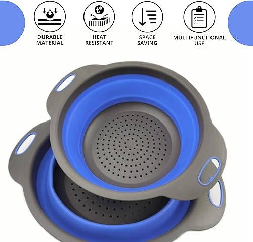 Miniatura 4 de Colador redondo de silicona azul plegable  Colador de cocina plegable pequeño colador plegable azul con asas de plástico para drenar verduras y