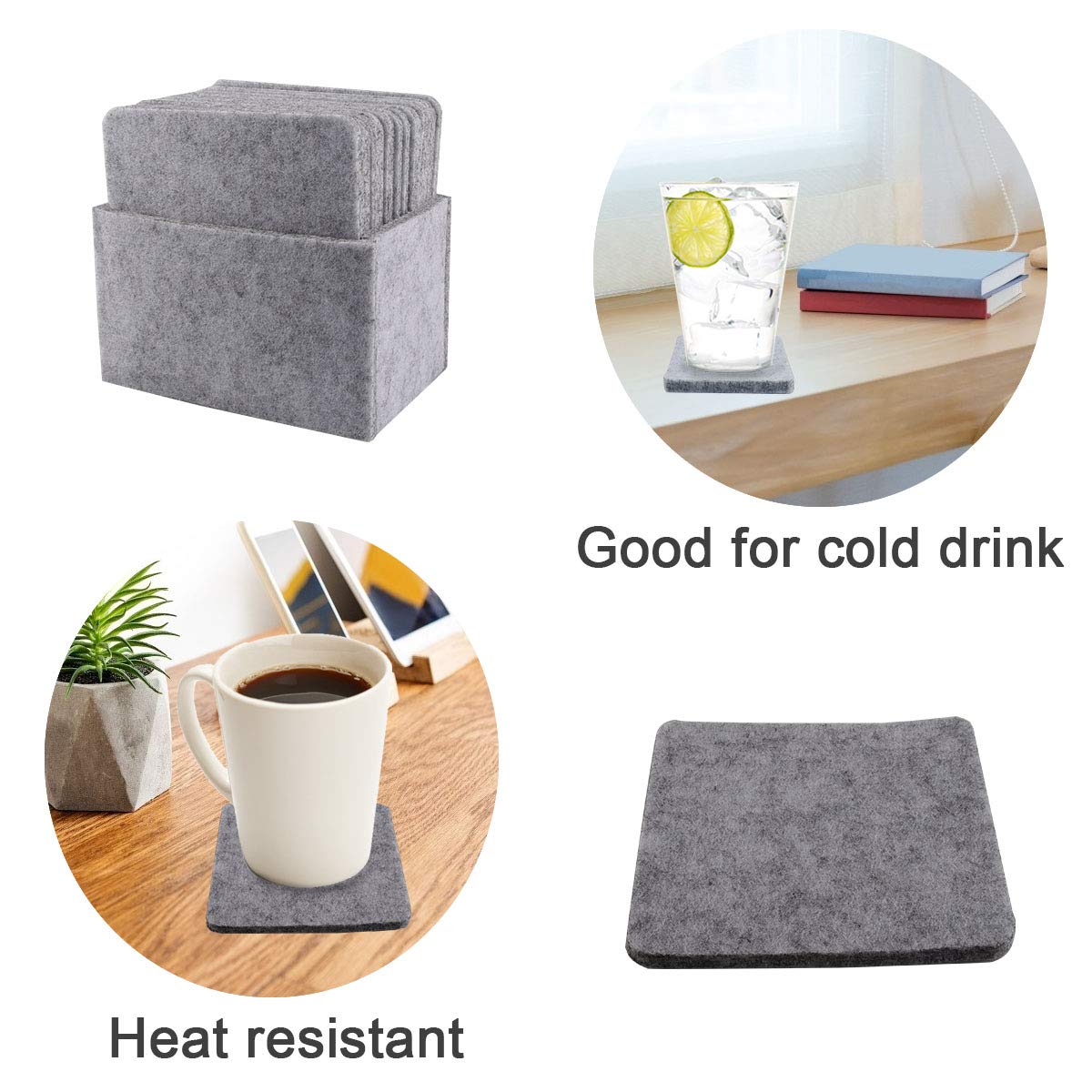 Dessous de Verre en Feutre, Dessous de Verre, Sous-Verre Carré en Feutre 12 Pièces Avec Boîte de Rangement, Sous-Verre Résistant à la Chaleur, Antidérapant, Lavable et Absorbant pour Protéger la Tasse