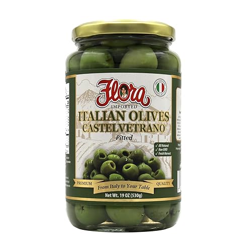 Flora Foods Aceitunas italianas Castelvetrano sin hueso | Aceitunas sicilianas | 19 oz (530g) | 100% italianas | Todo natural | Sin OMG | Cosecha