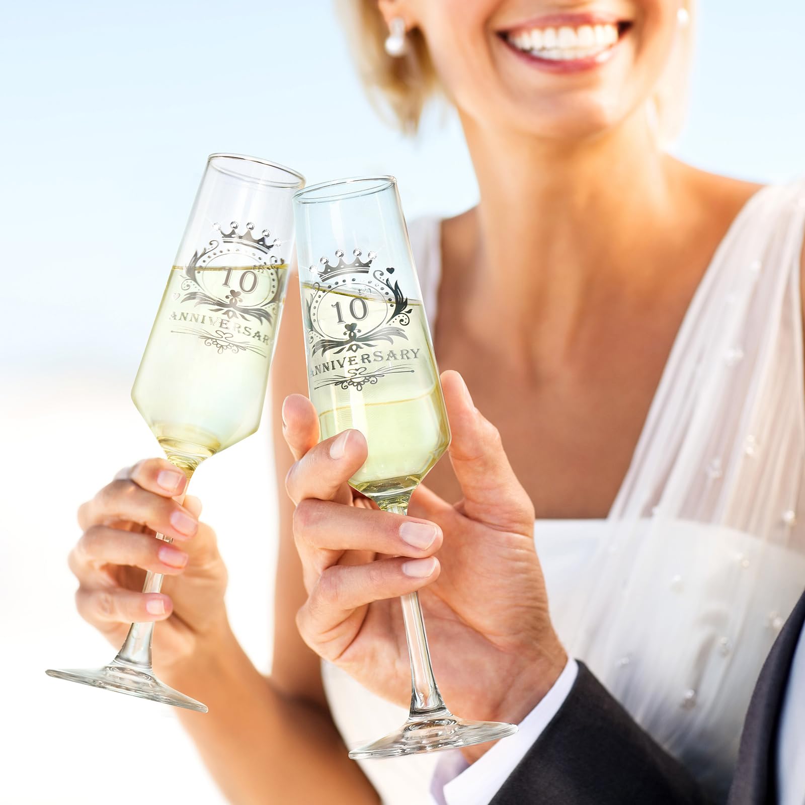 ROXBURGH - Juego de 2 copas de champán de cristal para 10º aniversario de boda, regalo de boda para parejas, 10º aniversario de boda
