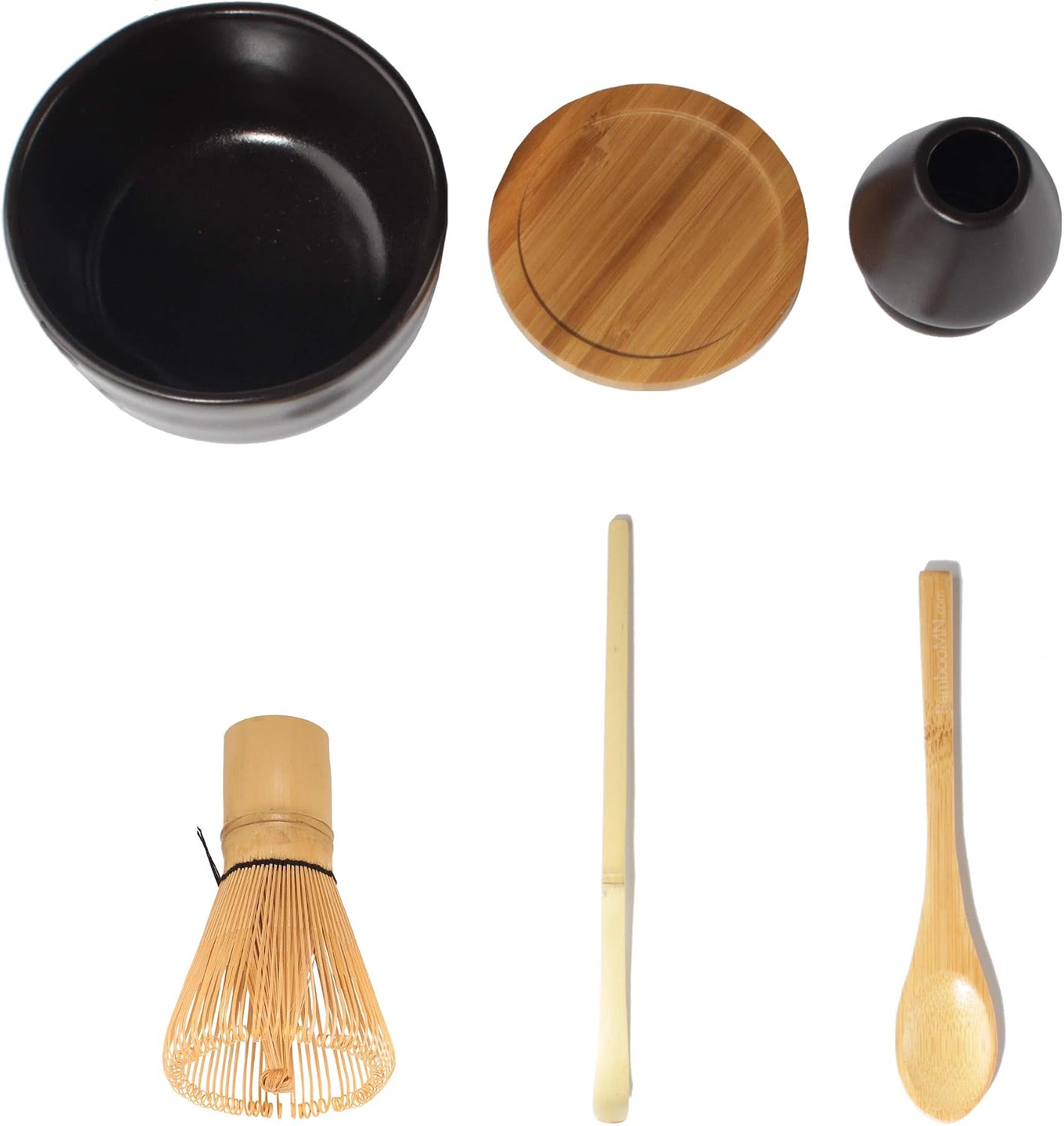 BambooMN Matcha Whisk Starter Set - Chawan Matcha Bowl, Tea Whisk, Chashaku, Spoon, Matcha Holder, and Bamboo Coaster for Traditional Japanese Tea Ceremony