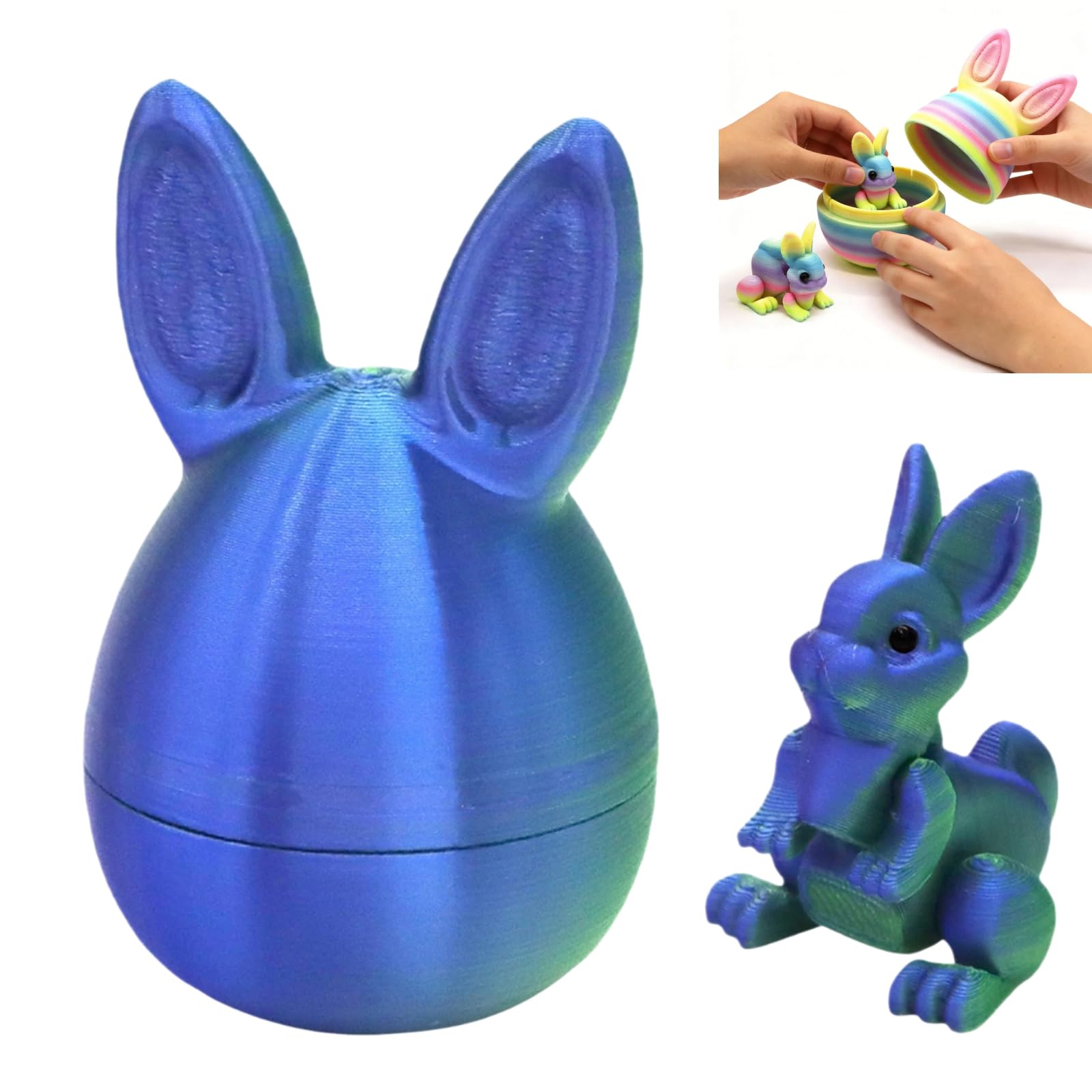 Easter 3D Printed Bunny Eggs Set, 3D Printed Rainbow Easter Egg Colorful Rabbit Figurine Toys, 3d Printing Egg Bunny Ornaments with Mini Cute Rabbit Inside Spring Holiday Decor Gifts (E)