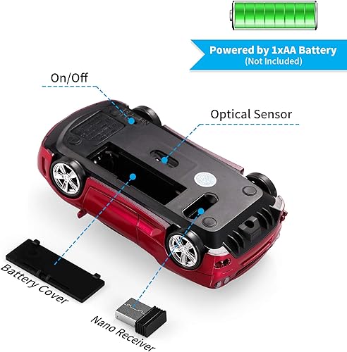 Miniatura 5 de Ratón de computadora de coche deportivo actualizado con faros LED, 1600 DPI 2.4 GHz ratón inalámbrico para PC y Mac, rojo