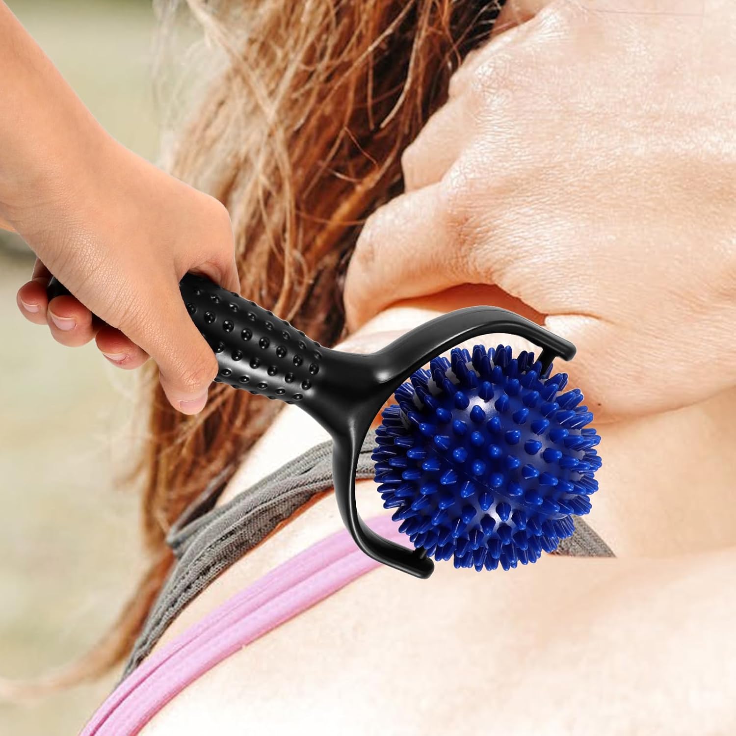 Large Spiky Ball Muscle Massager Stick for Yoga and Pilates – Handheld Calf Roller for Runners with Trigger Point Therapy – Black and Blue Self-Massage Tool for Muscle Relief