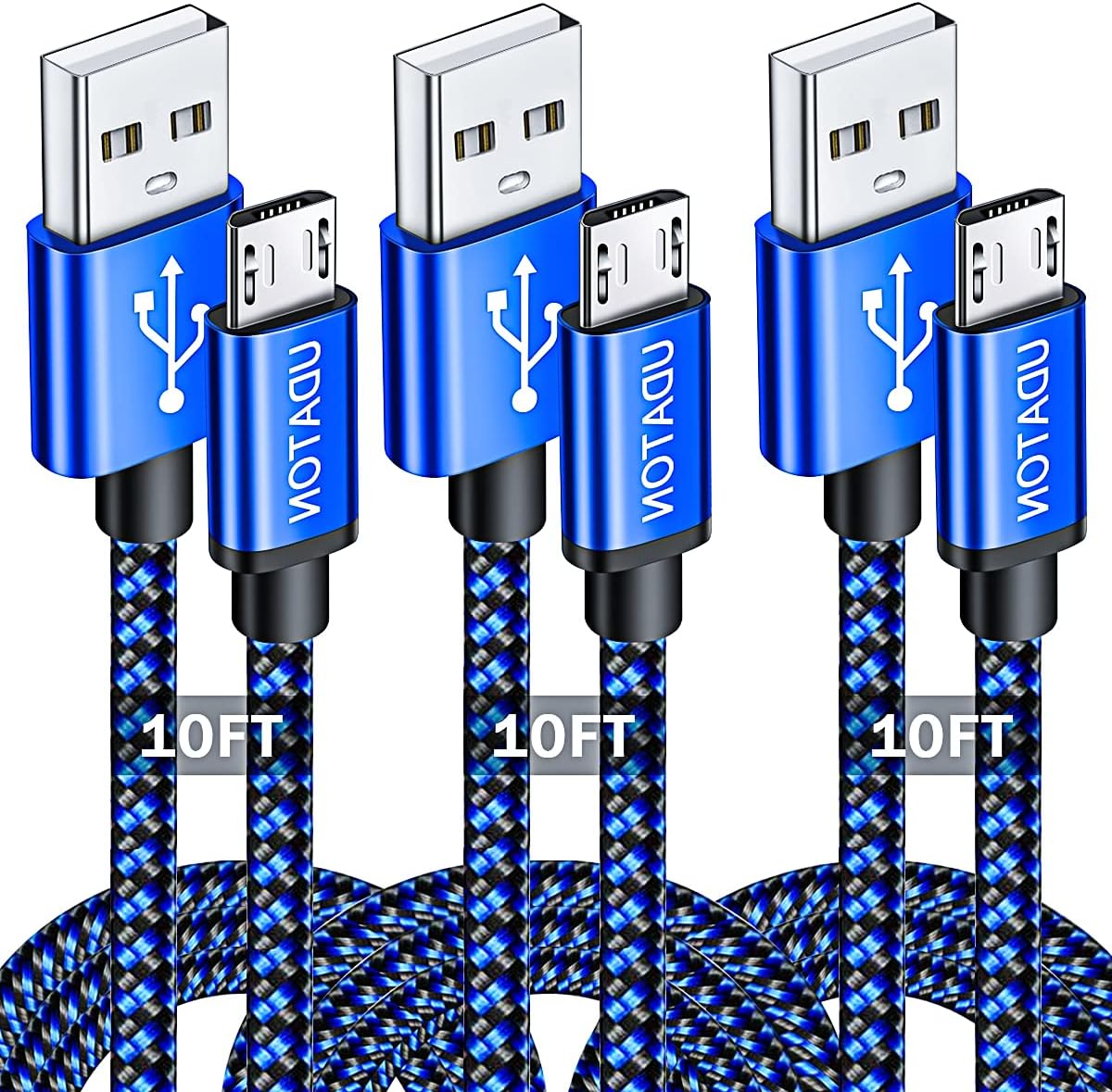 UDATON Micro USB Cable 10ft, Android Charger, USB Cable, 3Pack Extra Long Kindle Fire Charger, High Speed Nylon Braided Micro Fast Charging Cord for Samsung Galaxy S7 Kindle Fire 7 PS4 Xbox LG, Blue