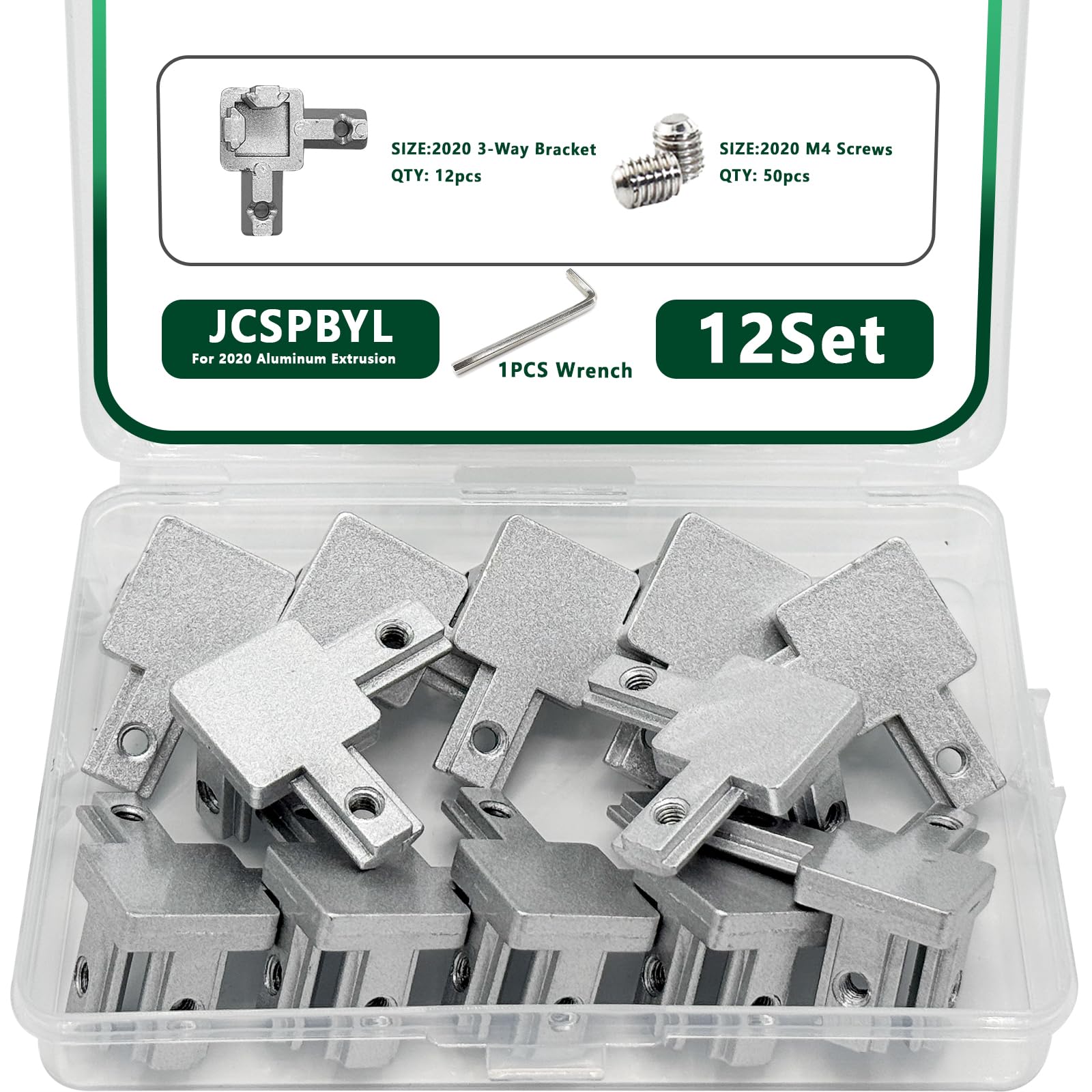 12Sets 2020 Aluminum Extrusion Hardware Accessories with Screws&amp;Wrench, 12Pcs Silver 3-Way Bracket with 50Pcs Set Screws for 2020 V T Slot Rail Aluminum Extrusion Profile