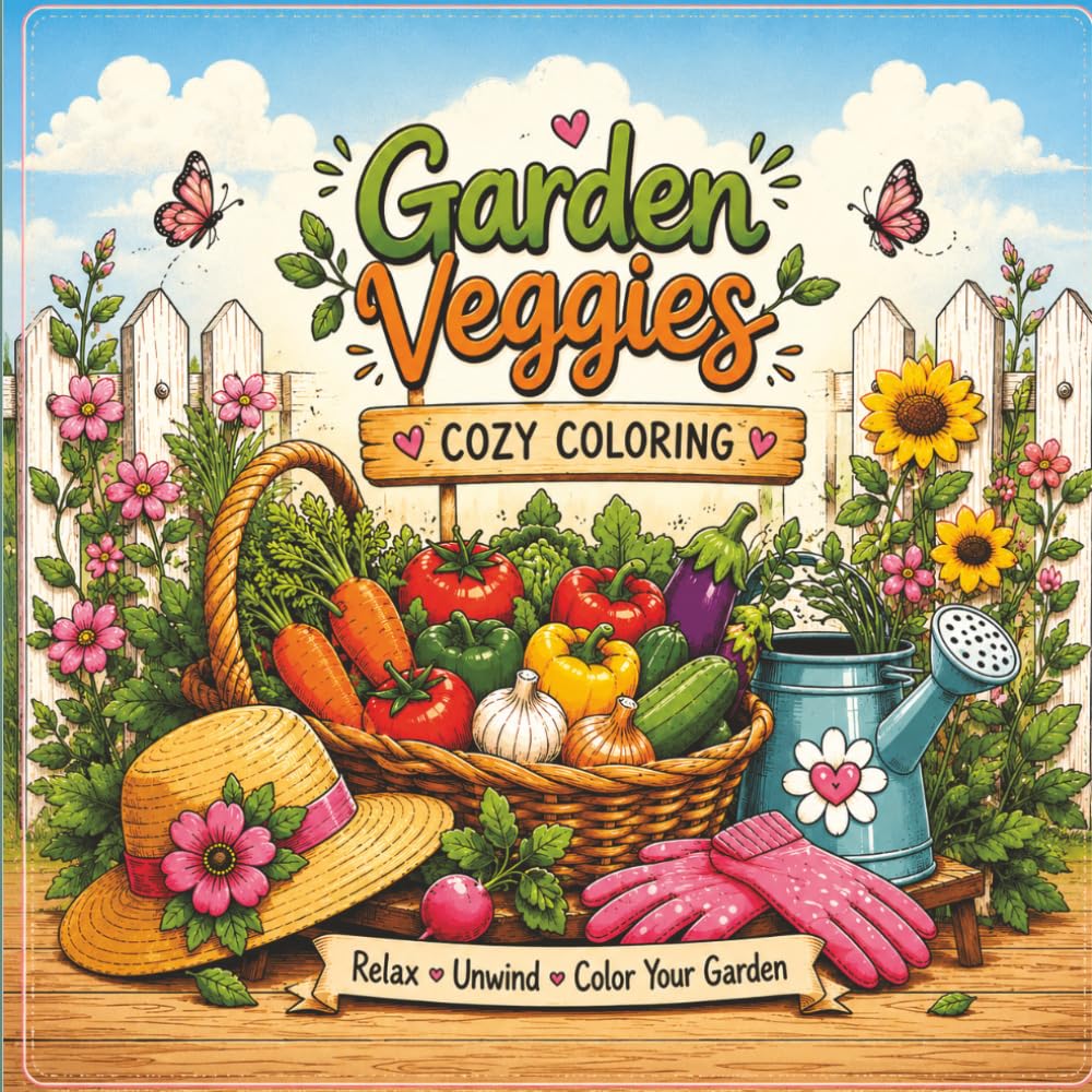 GARDEN VEGGIES COZY COLORING: Cute & Cozy Vegetable Garden Coloring Pages for Relaxation, Stress Relief, Mindfulness & Creative Fun