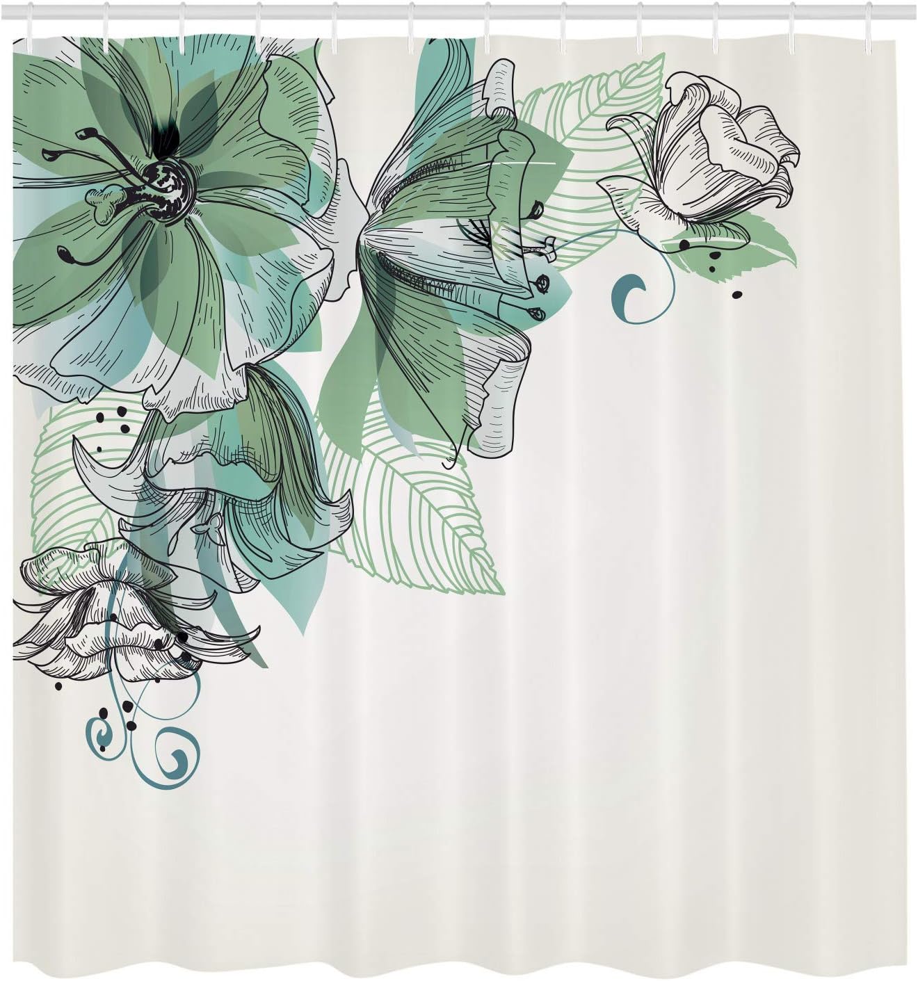 Ambesonne Flowers Shower Curtain, Buds Leaf at The top Left Corner Season Celebrating Theme, Cloth Fabric Bathroom Decor Set with Hooks, 69" W x 75" L, Seafoam and Pale Green