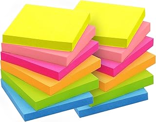 NextWell 1200 Sheets of Sticky Notes | Pack of 12 Pads, 3 x 3 inch | Neon Bright Colour Self-Stick Pads, Stay Organized & Creative with Removeable self Adhesive Notes.