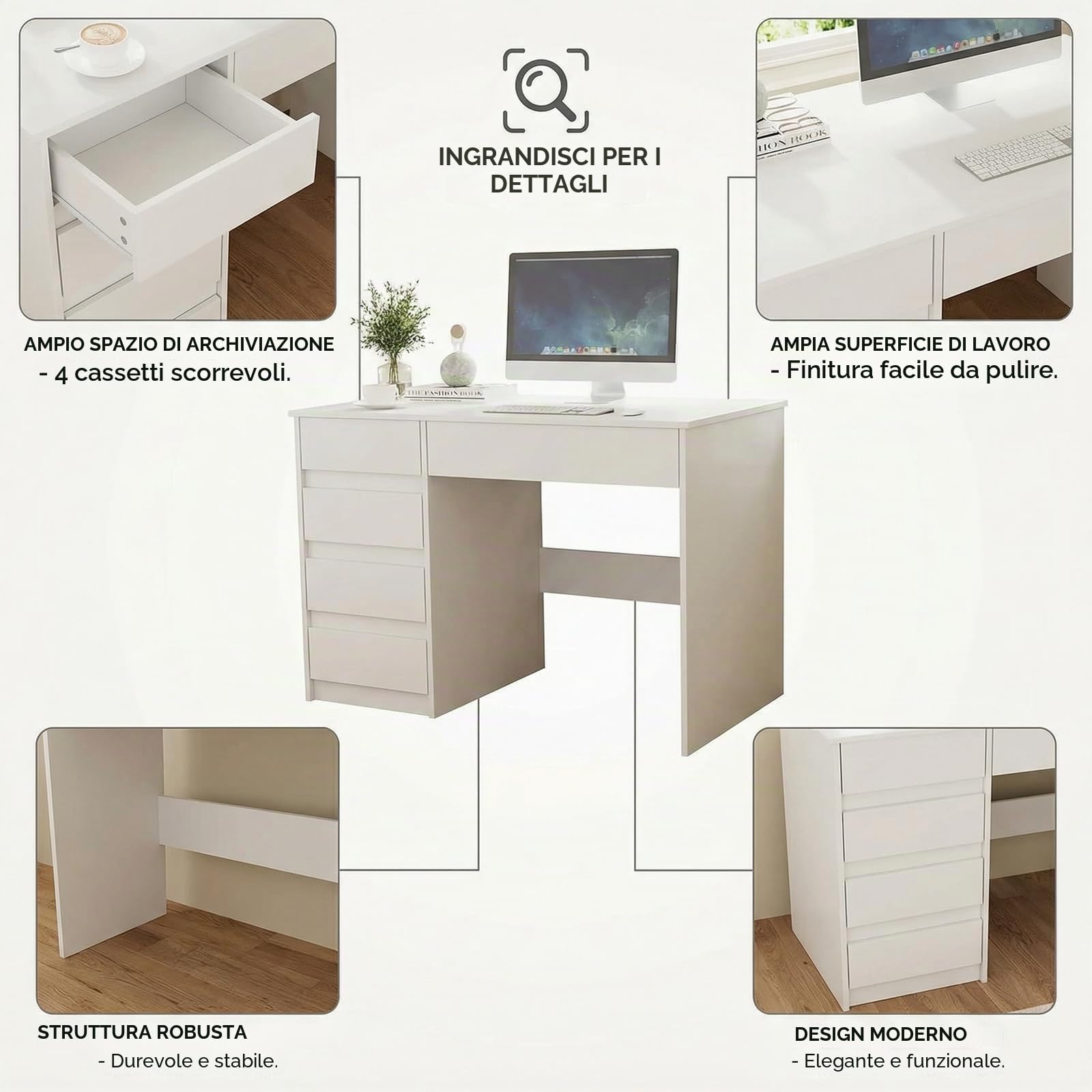 VOWNER Scrivania per Computer, Scrivania Salvaspazio con 5 Cassetti da Ufficio Salvaspazio Cameretta, per Ufficio/Camera da Letto, 110x50x75cm (Bianco)