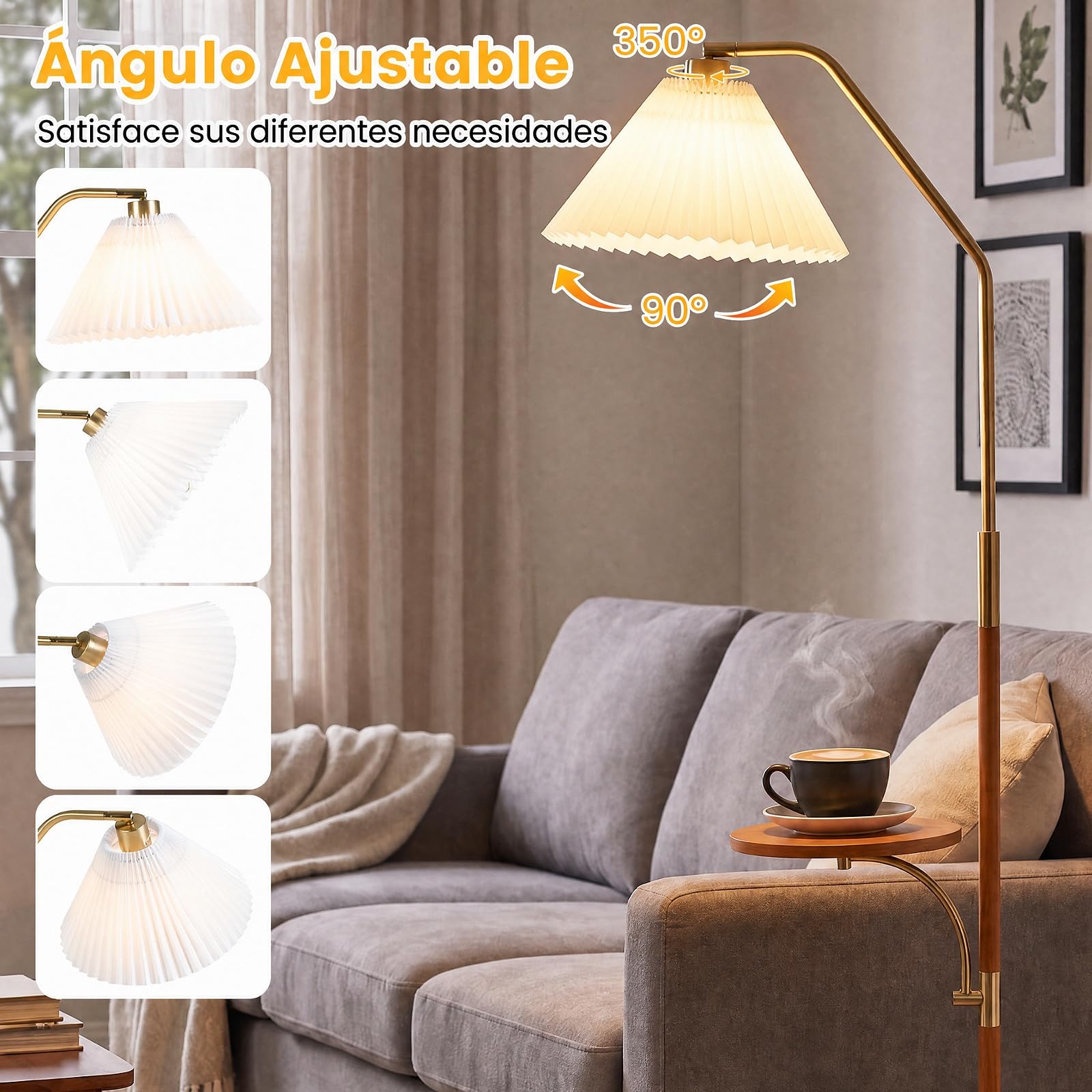 COSTWAY 159,5 cm Lámpara de Pie con Mesa Auxiliar, sin Bombilla | Lampara de Lectura con Ángulo y Altura Ajustables, Pantalla de Papel Plisado, Base Redonda, Lamparas para Salón y Dormitorio