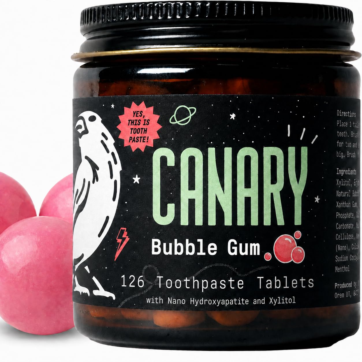 Pastillas de pasta de dientes con hidroxyapa canario en forma de goma de mascar: Remineralizante, sin flúor, completamente natural con xilitol, ideal para niños, sin plástico, 126