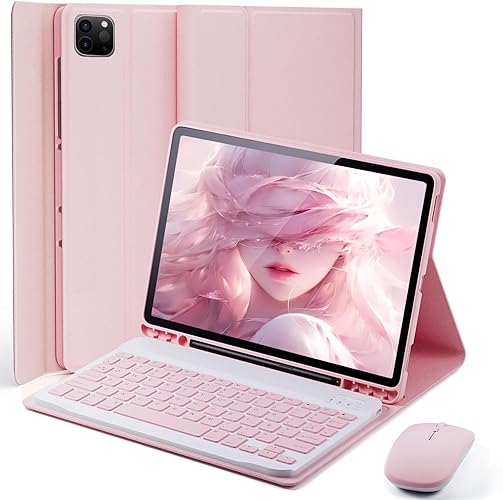 TUNKARMOR for iPad Air 13 inch (M2-2024, M3-2025) Case Keyboard and iPad Pro 12.9 inch (6th, 5th, 4th, 3rd Generation) Keyboard Case Built-in Pencil Holder with Mouse - Pink