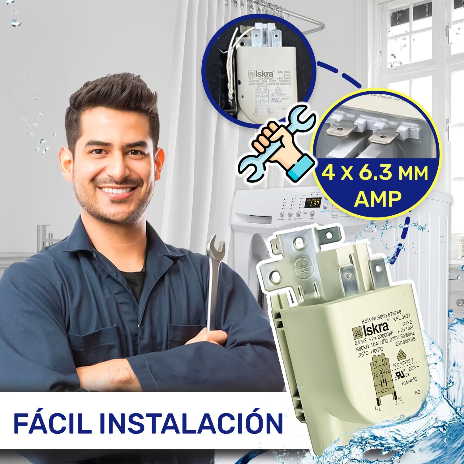 Condensatore Filtro Antidisturbo Iskra – 0,24uF, 275V, Per Lavatrici E Asciugatrici Bosch/Siemens. Sostituisce 00183847, 00619725, 9000676764.