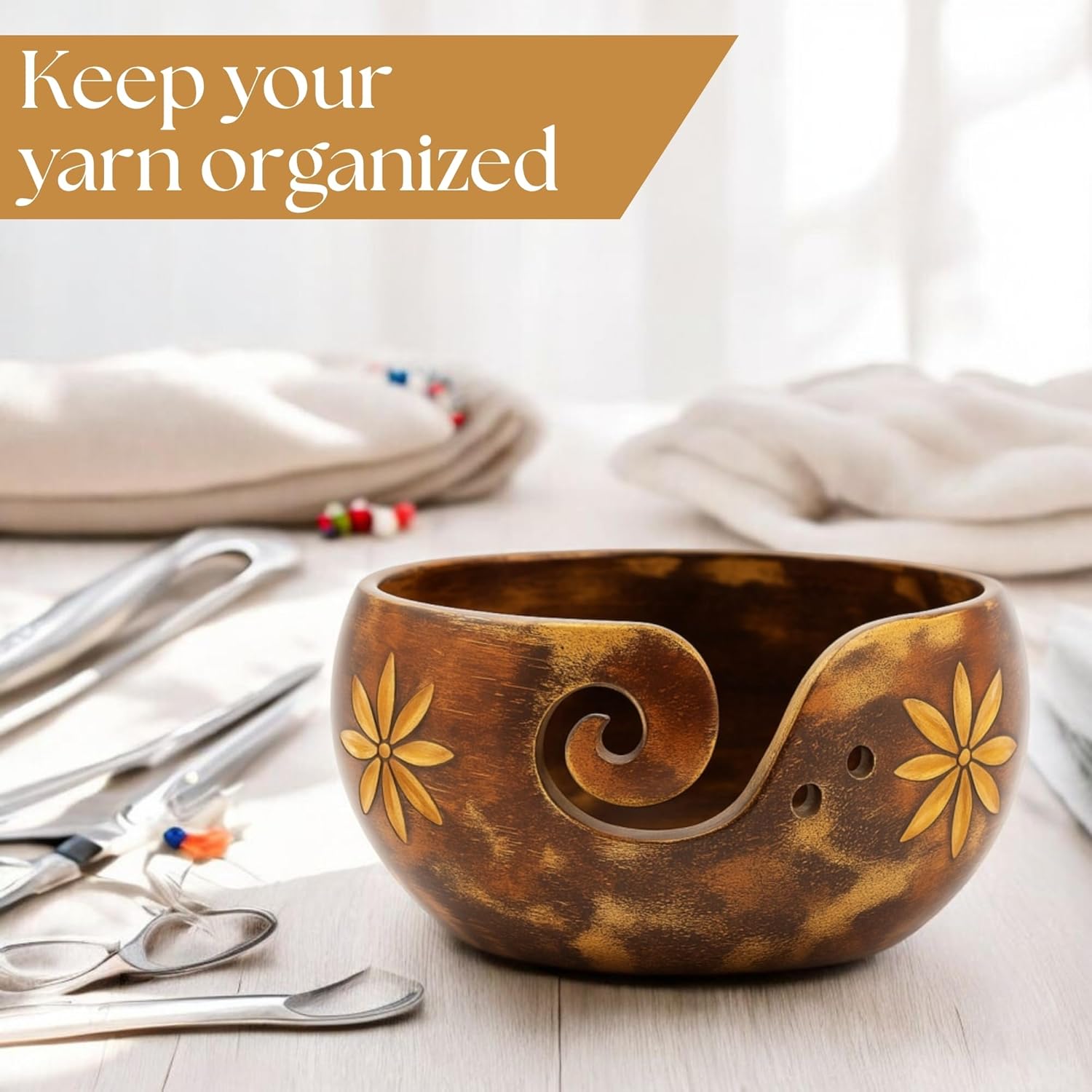 Wooden Yarn Bowl – Solid Dark Hardwood Holder for Knitting & Crochet | 6"x6"x3" Pinkwashed Portable Organizer – Handmade Gift for Women, Christmas Craft Supplies