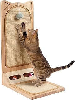 Cat Scratching Board Made of Solid Wood, 58 cm High, MALOROY L Shaped Scratching Board for Cats, Durable Cat Scratching Board with Ball Toy, Cat Scratching Furniture for Wall and Corner product image