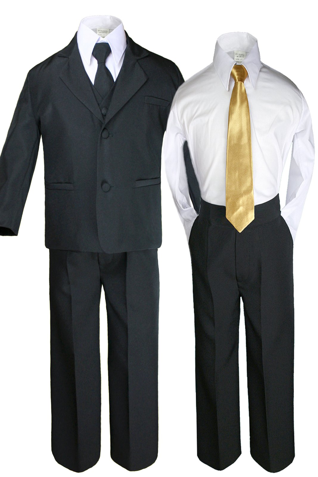 6pc Baby Kid Teen Boys Black Tuxedo Suit with Satin Gold Necktie S-20 (4T)