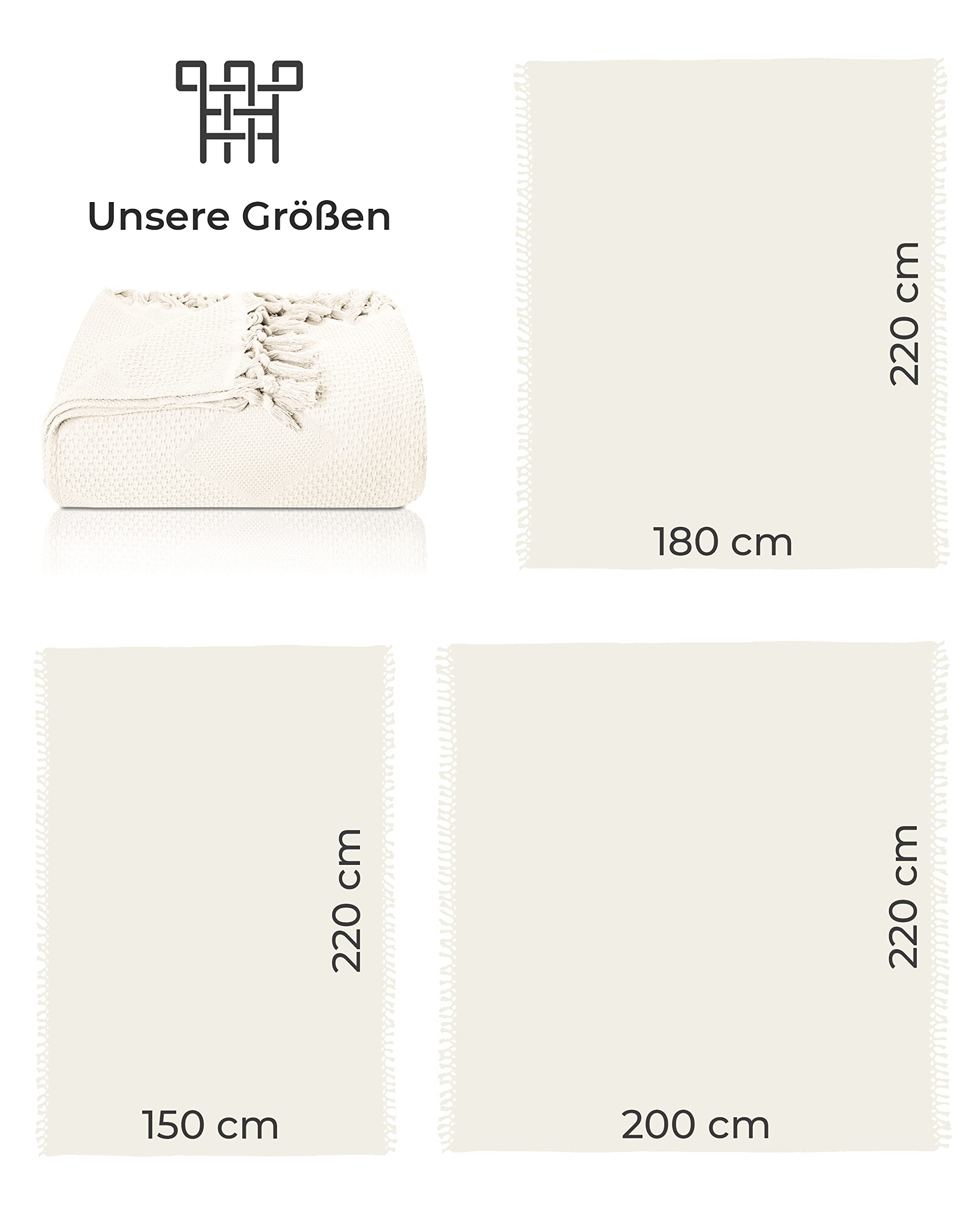 LAYNENBURG Premium Tagesdecke mit handgeknüpften Fransen - 100% Baumwolle - 180 x 220 cm - Waffelpique Sommerdecke - Baumwolldecke als Bett-Überwurf, Couch-Überwurf & Sofa-Decke (Naturell)