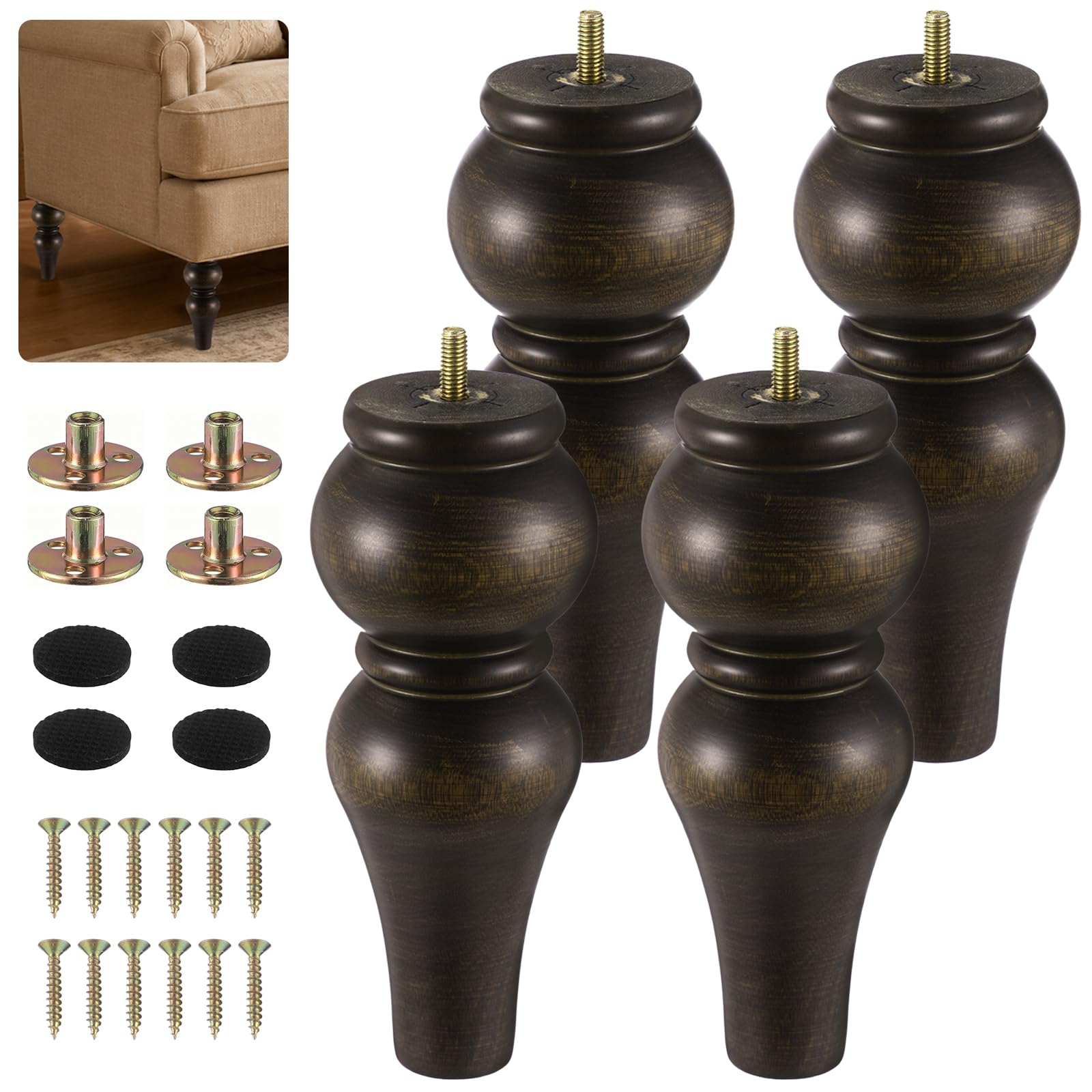 YAGOKKI 4 Pcs 8 Inch Wooden Furniture Legs with Mounting Plates and Screws, Solid Wood Sofa Legs, Replacement Furniture Feet for Couch, Cabinet, Ottoman, Armchair, Table