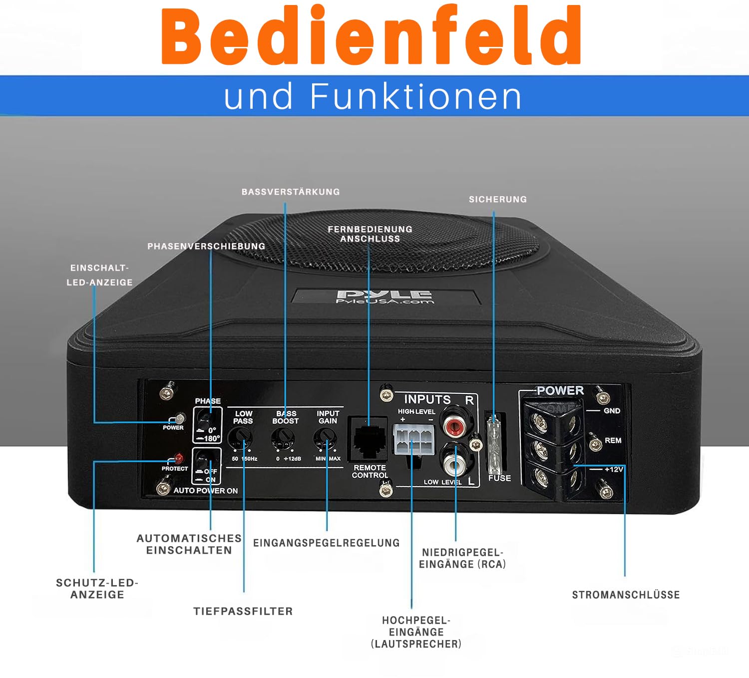 Pyle 600W Untersitz Subwoofer Aktiv – 8" Flacher Auto Lautsprecher mit Verstärker – Car & Marine Speakers mit Variabler Bassboost inkl. Montagematerial & Fernbedienung – Schlankes Design in Schwarz