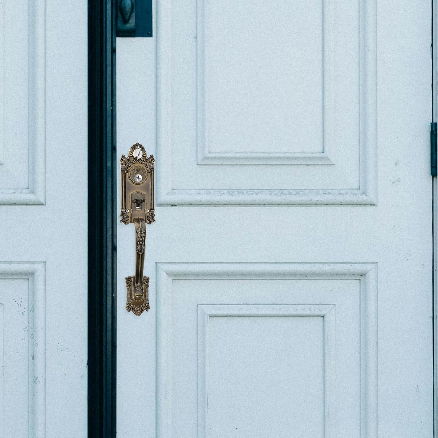 Vintage Door Handle Lock Set, Zinc Alloy Front Door Safety Handle with Press Lever, Bow-Shaped Aluminum Alloy Lock for Exterior Security, 1pcs Kit