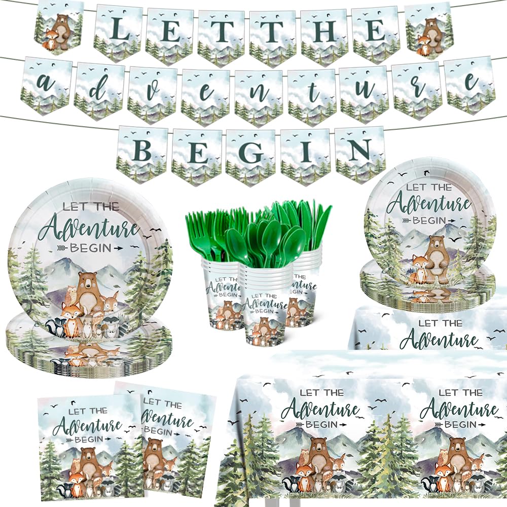 171pcs Let The Adventure Begin Party Supplies Adventure Awaits Baby Shower Plates Napkins Disposable Adventure Tableware Set Paper Cups Banner