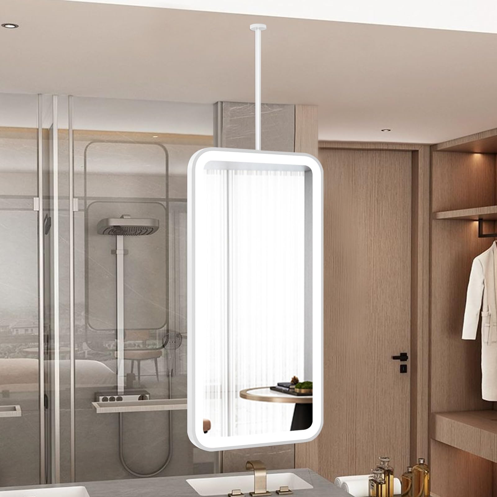 FGXHHS LED Hanging Rod Mirrors, White Ceiling Mounted Makeup Mirrors with Metal Frame, Large Rectangle Decorative for Bathroom Vanity Shaving(50cmx60cm)