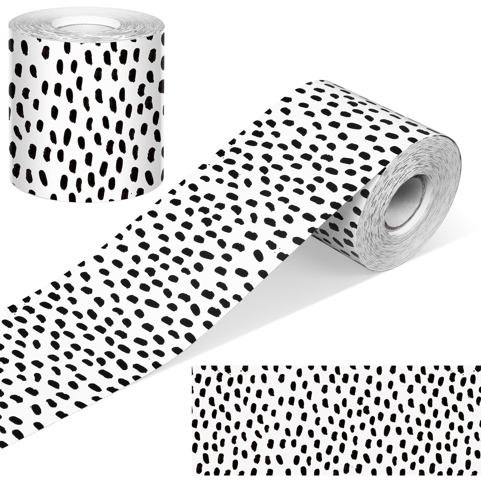 Zonon 65 Feet Bulletin Board Borders Black and White Polka Dots Striped Grid Borders Decorative Straight Scalloped Wavy Rolled Trim Classroom Back to School Decor(Black Messy Dots)