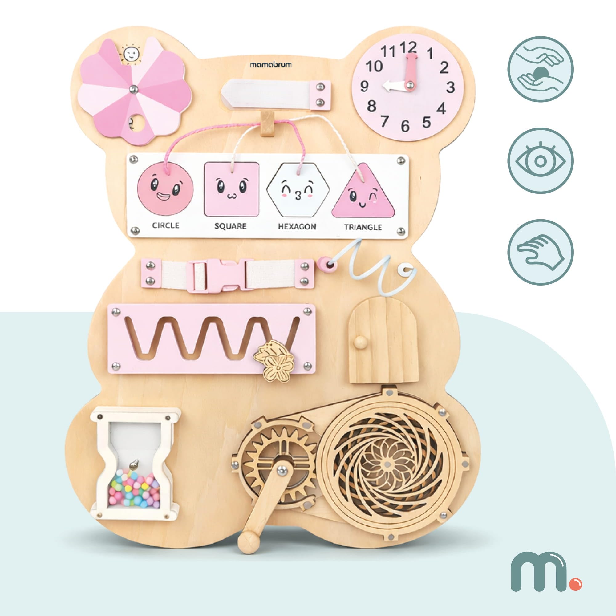 mamabrum Orsacchiotto sensoriale in Legno, 10 in 1, Giocattolo educativo Montessori per Bambini, Naturale/Rosa, abilità motorie e creatività, 29,8 × 39 × 7 cm