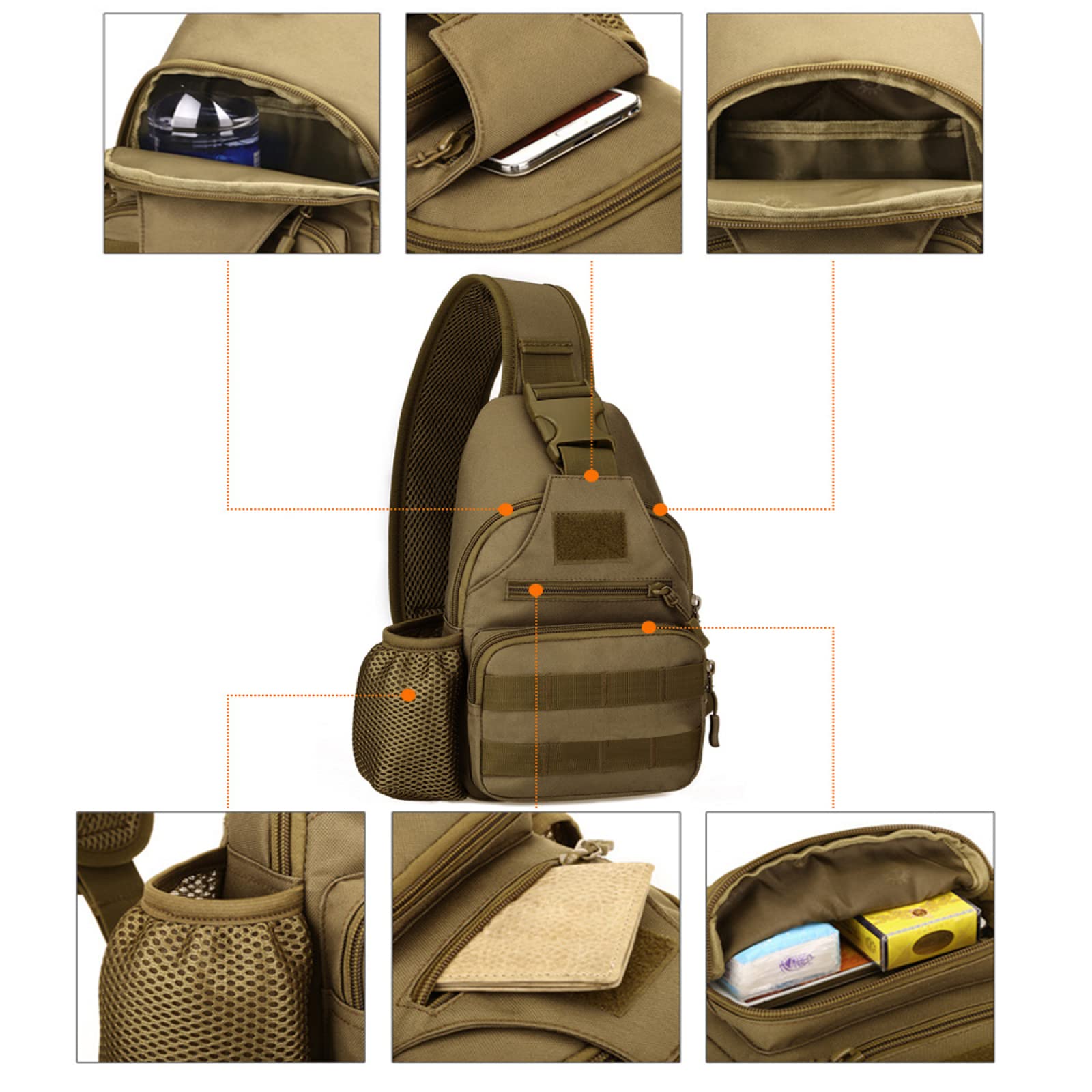 REEBOW GEAR Borsa da Petto Militare Tattica Molle Borsa a Tracolla con Tracolla a Tracolla con Porta Bottiglia d'Acqua,ACU