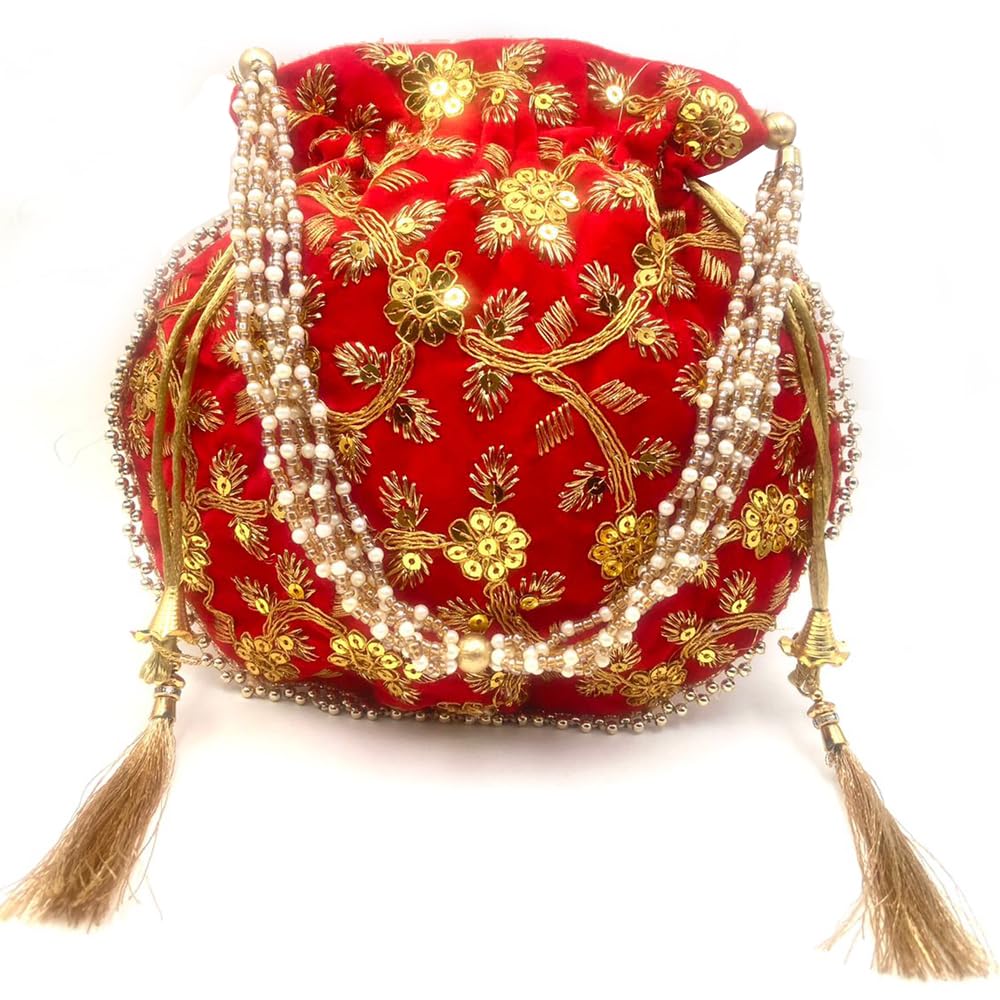 BYRA Velvet Sequence Bridal Potli Bag with Pearl handle and Thread Latkan (Maroon) (B0D813SPPM) Amazon Price History, Amazon Price Tracker