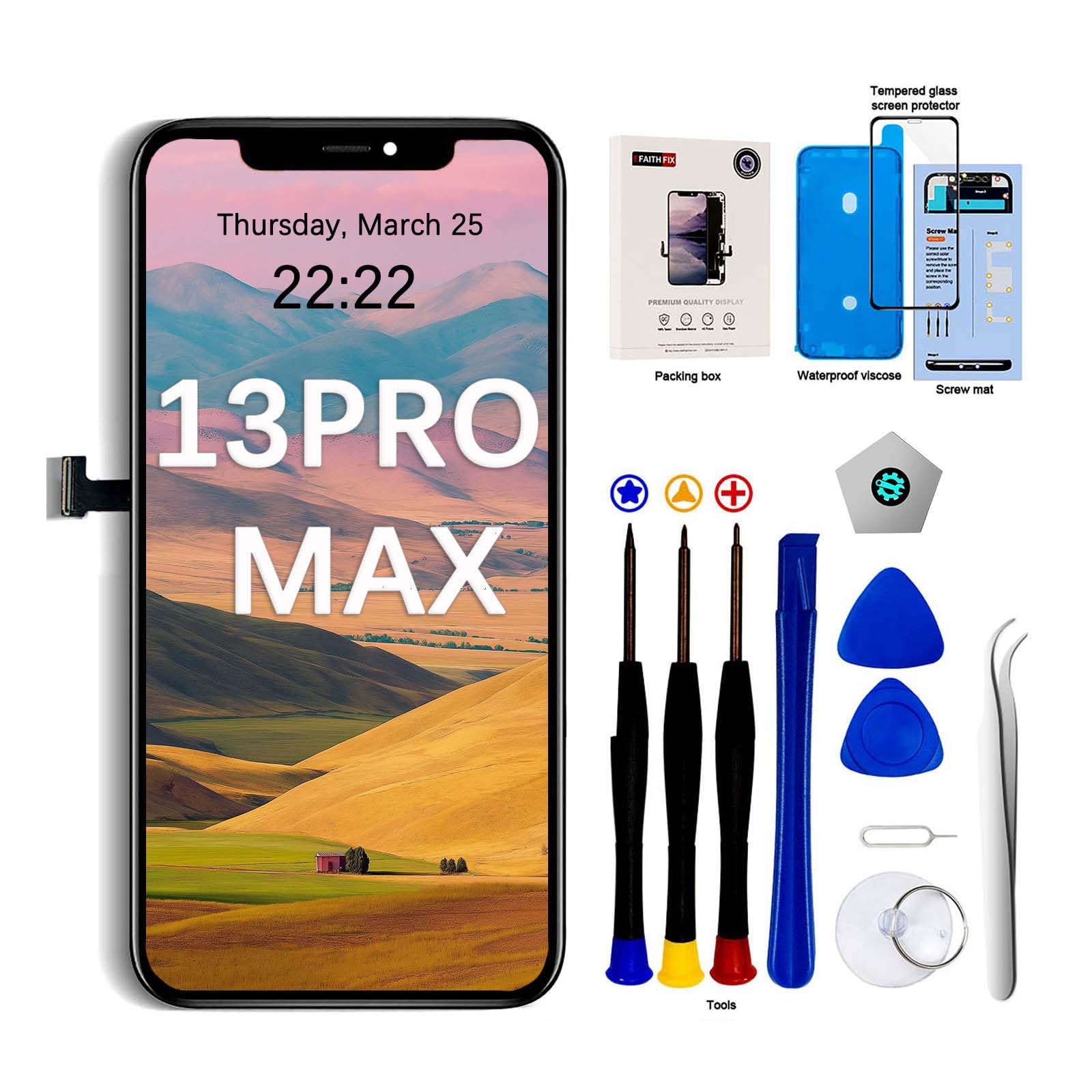 EFaith Schermo per iPhone 13 Pro Max 6.7" LCD di ricambio 3D Touch Face ID TrueTone FHD Display Digitizer con kit di riparazione per A2484, A2641, A2644, A2645, A2643