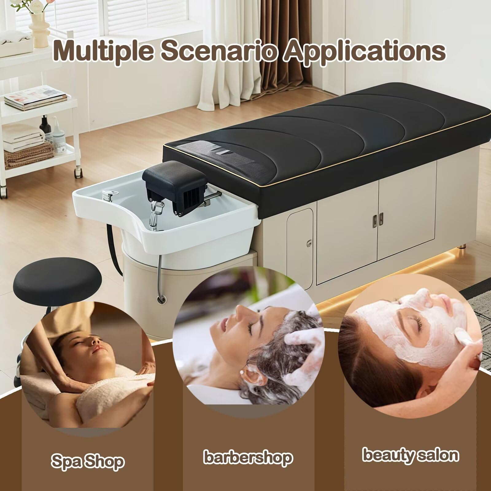 Professionelle Kopf-SPA-Shampooliege mit Haarwasch- und Massagefunktion, Kosmetiktisch mit Wasserzirkulation und Stauraum, Schwarze Salon-SPA-Ausstattung