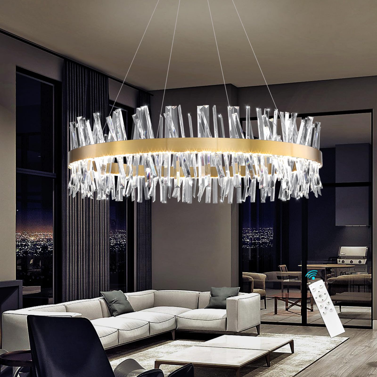 glam led chandelier 31.4 inch crystal ring chandeliers with remote dimmable led light indoor hanging lights luxury ceiling pendant lighting fixtures living dining bedroom gold light