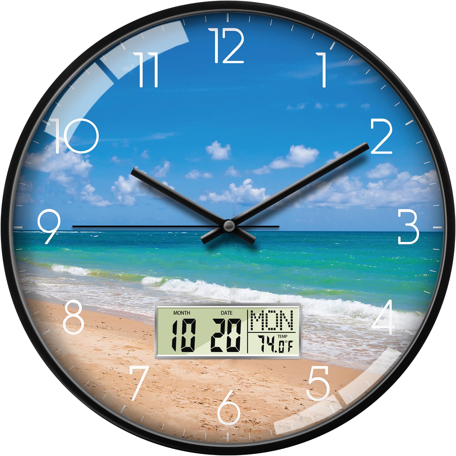SCOAGE Silent Wall Clock with Date/Temperature/Day of Week LCD Display, 12'' Non-ticking Battery Operated Analog Wall Clock, Sea Beach Decorative Quartz Clock for Bedroom/Living Room/Kitchen