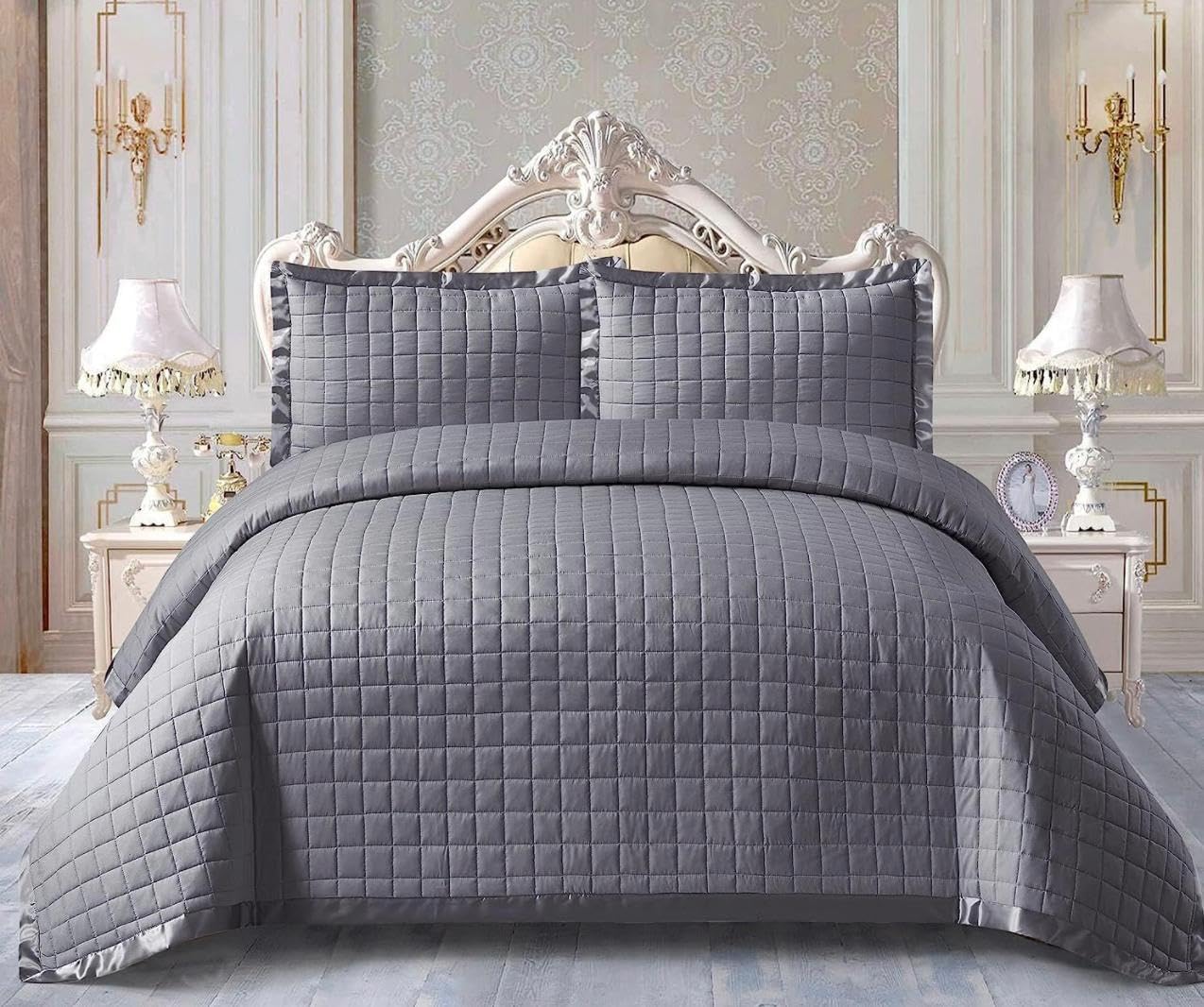 FK Style 3 Piece Quilted Bedspread Light Weight Embossed Pattern Bed Throw Quilt Set Warm (Grey, Super King)